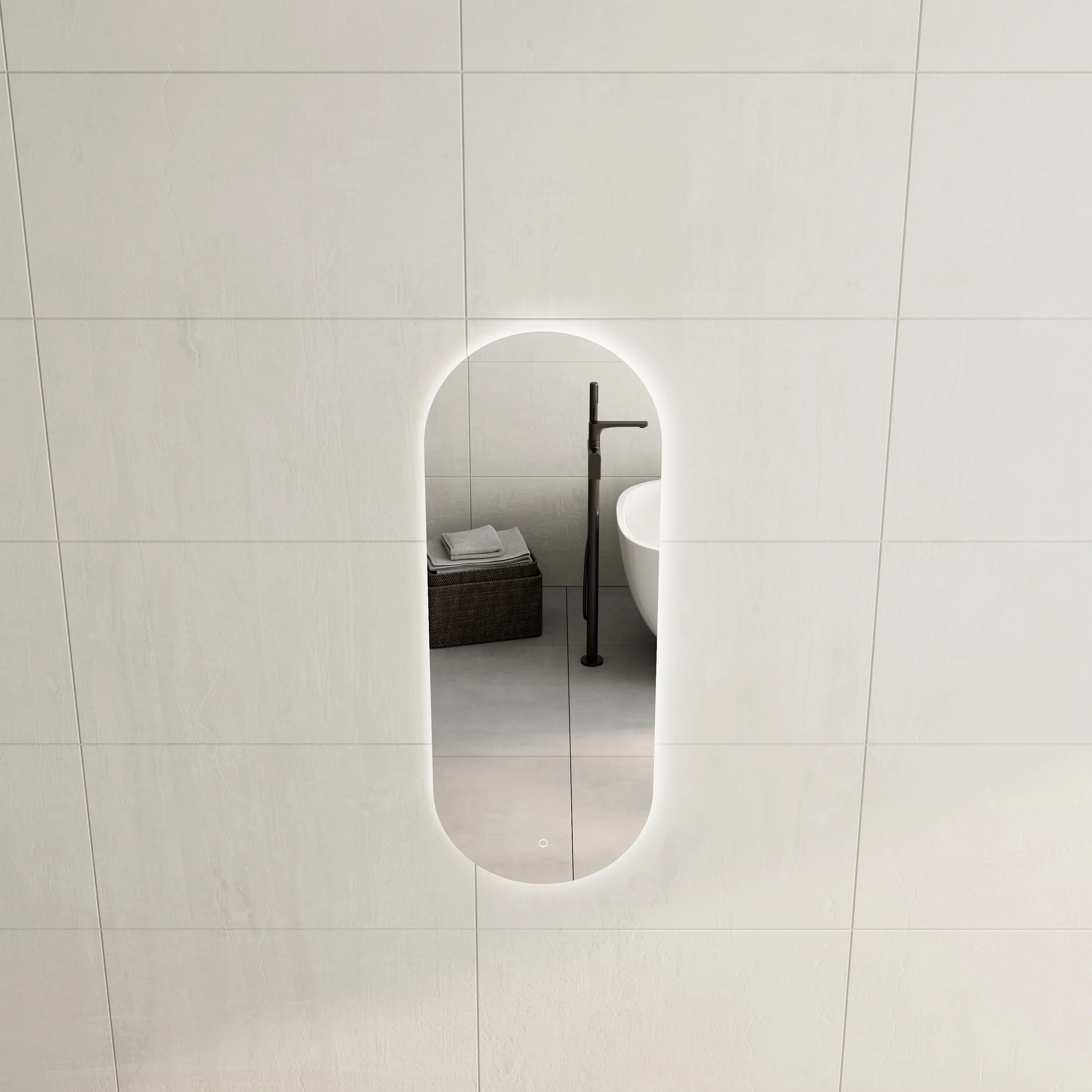 *Clearance* Pill Oval 450mm x 1200mm Backlit LED Frameless Mirror with Polished Edge and Demister - Image 2