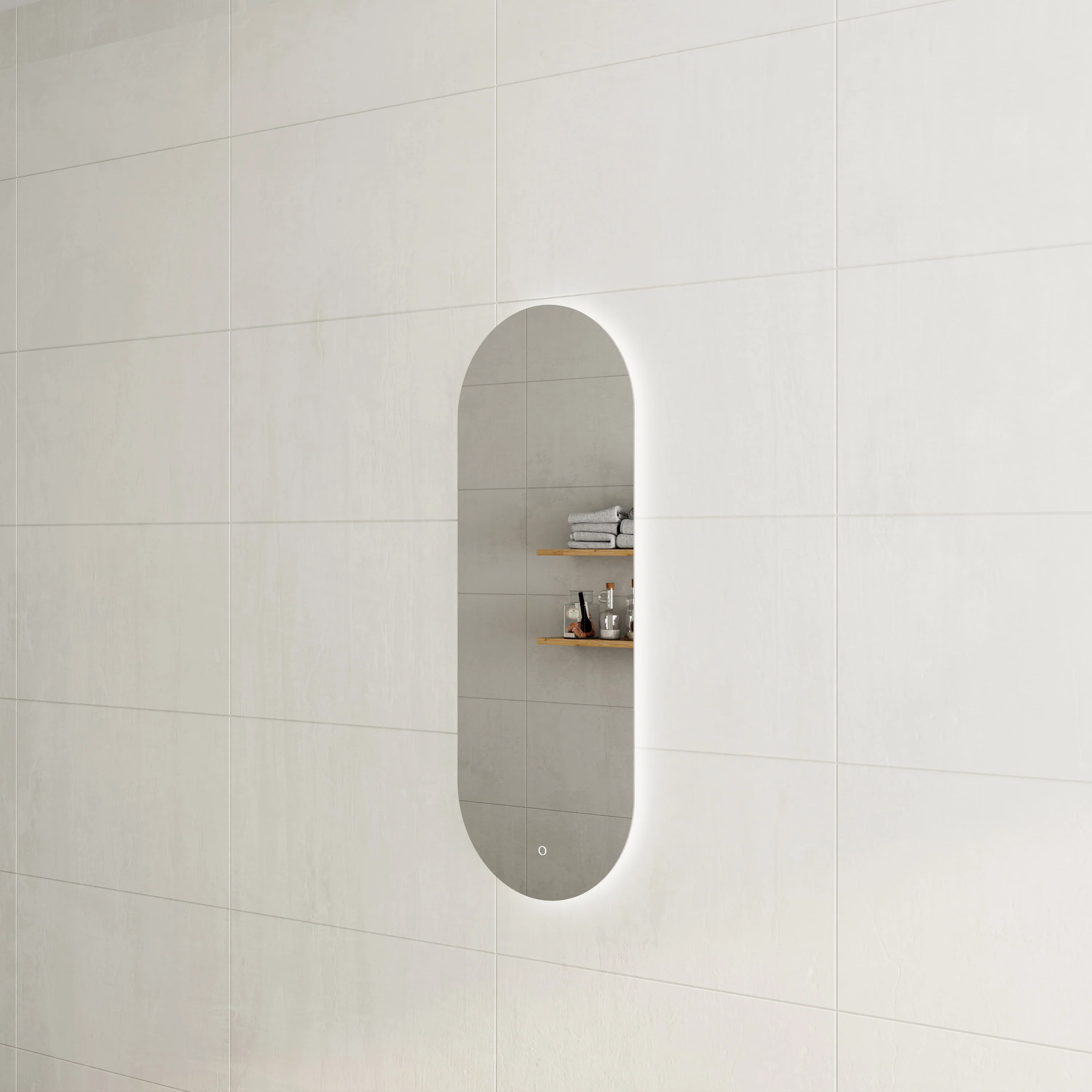 *Clearance* Pill Oval 450mm x 1200mm Backlit LED Frameless Mirror with Polished Edge and Demister - Image 3