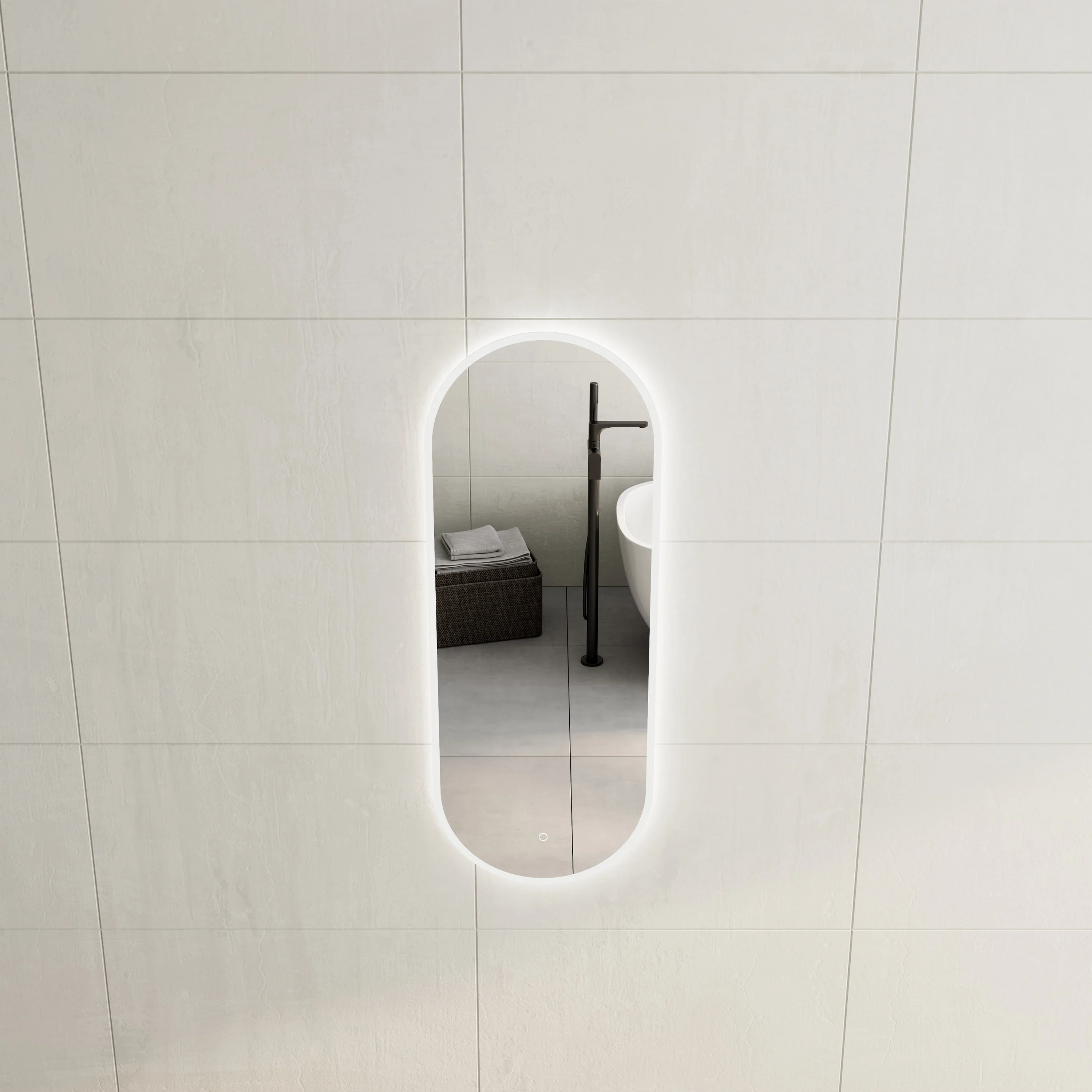 Pill Oval 450mm x 1200mm Frontlit and Backlit LED Frameless Mirror with Frosted Glass Border and Demister - Image 2