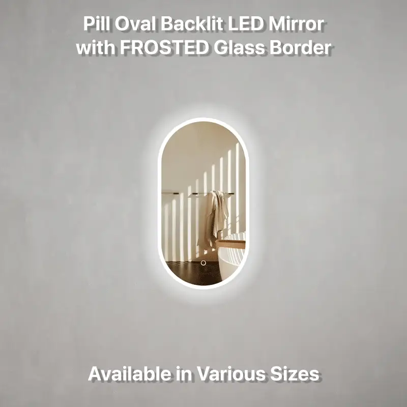 *Clearance* Pill Oval 500mm x 800mm Frontlit and Backlit LED Frameless Mirror with Frosted Glass Border and Demister - Image 3