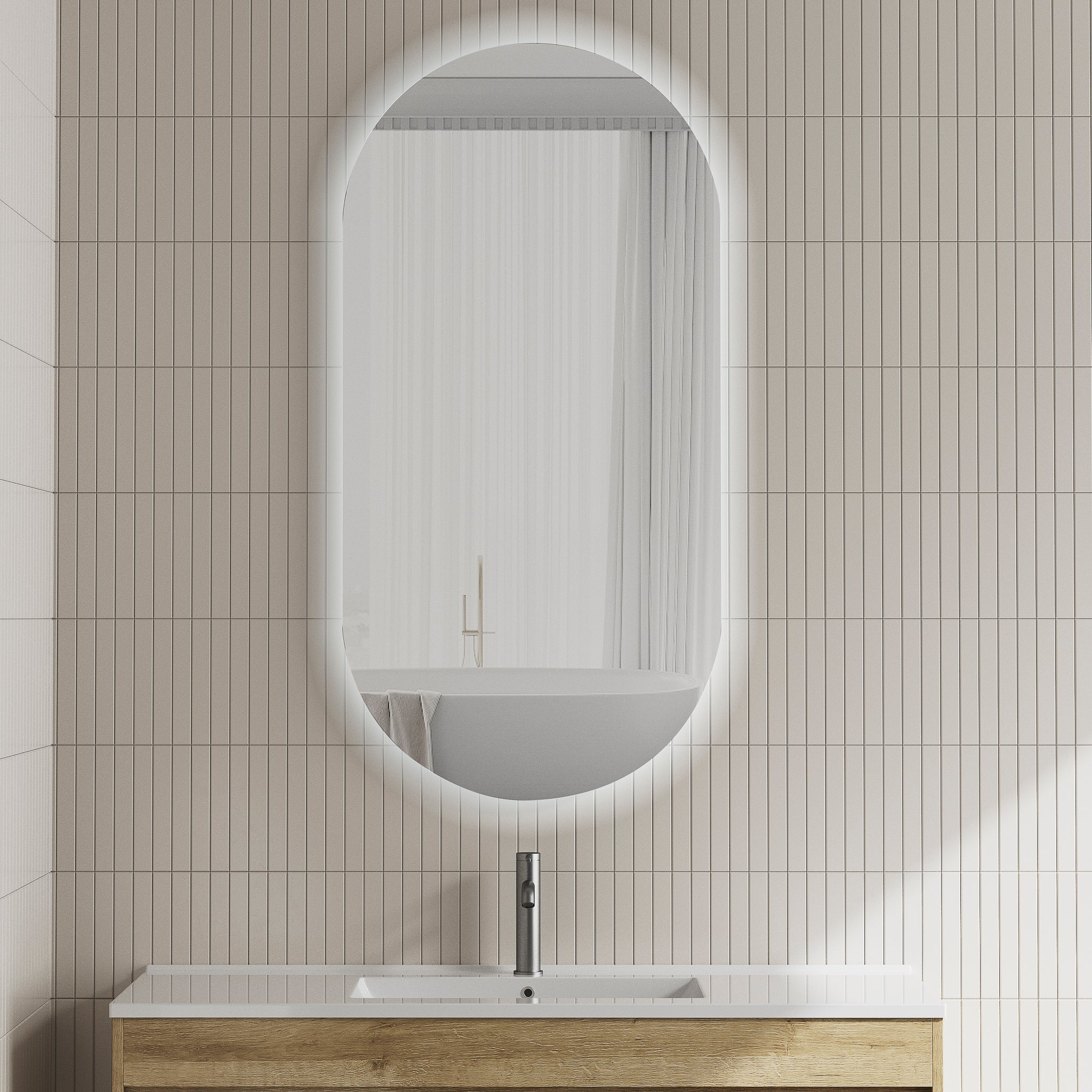 Pill Oval 600mm x 1200mm Backlit LED Frameless Mirror with Polished Edge and Demister