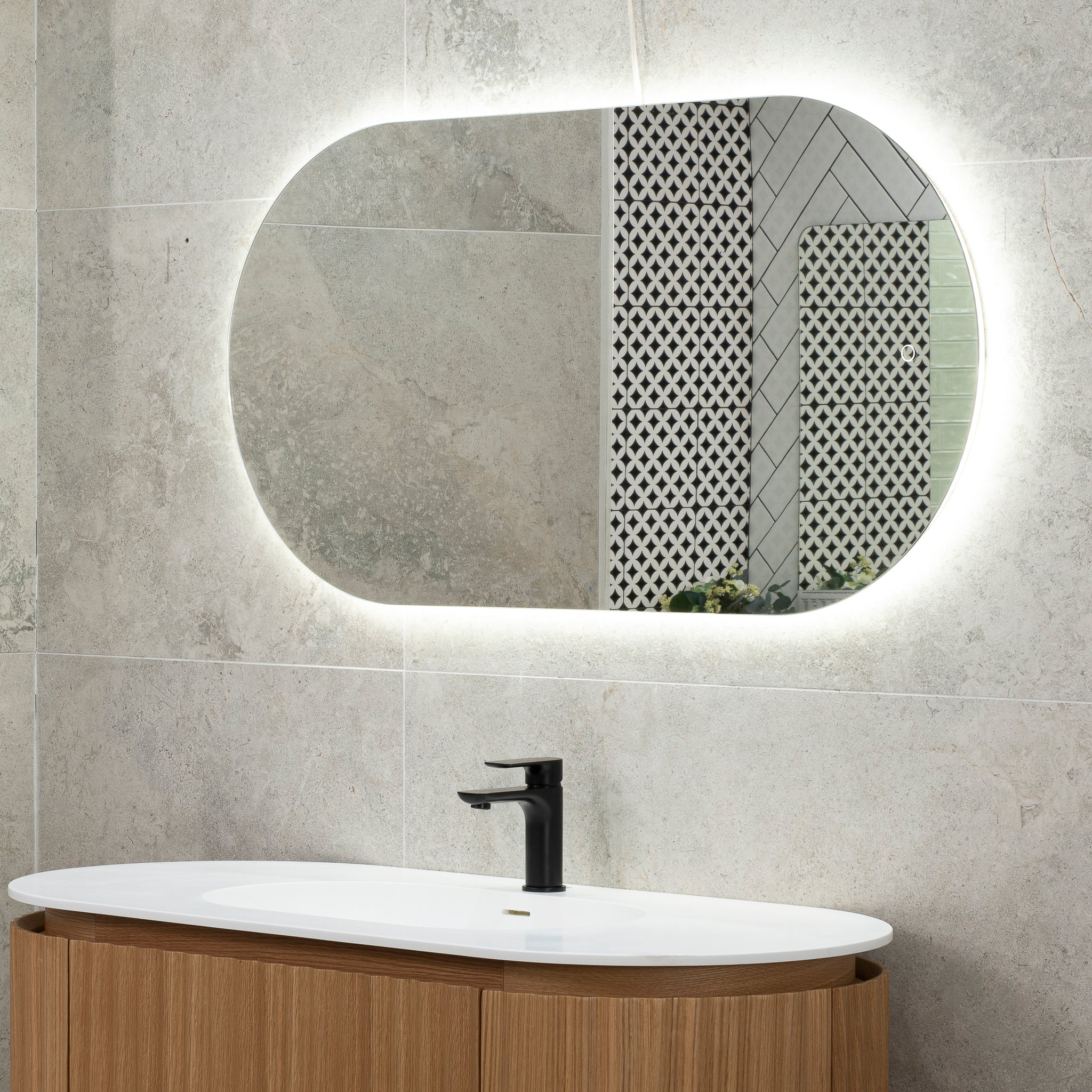 Pill Oval 600mm x 1200mm Backlit LED Frameless Mirror with Polished Edge and Demister - Image 3