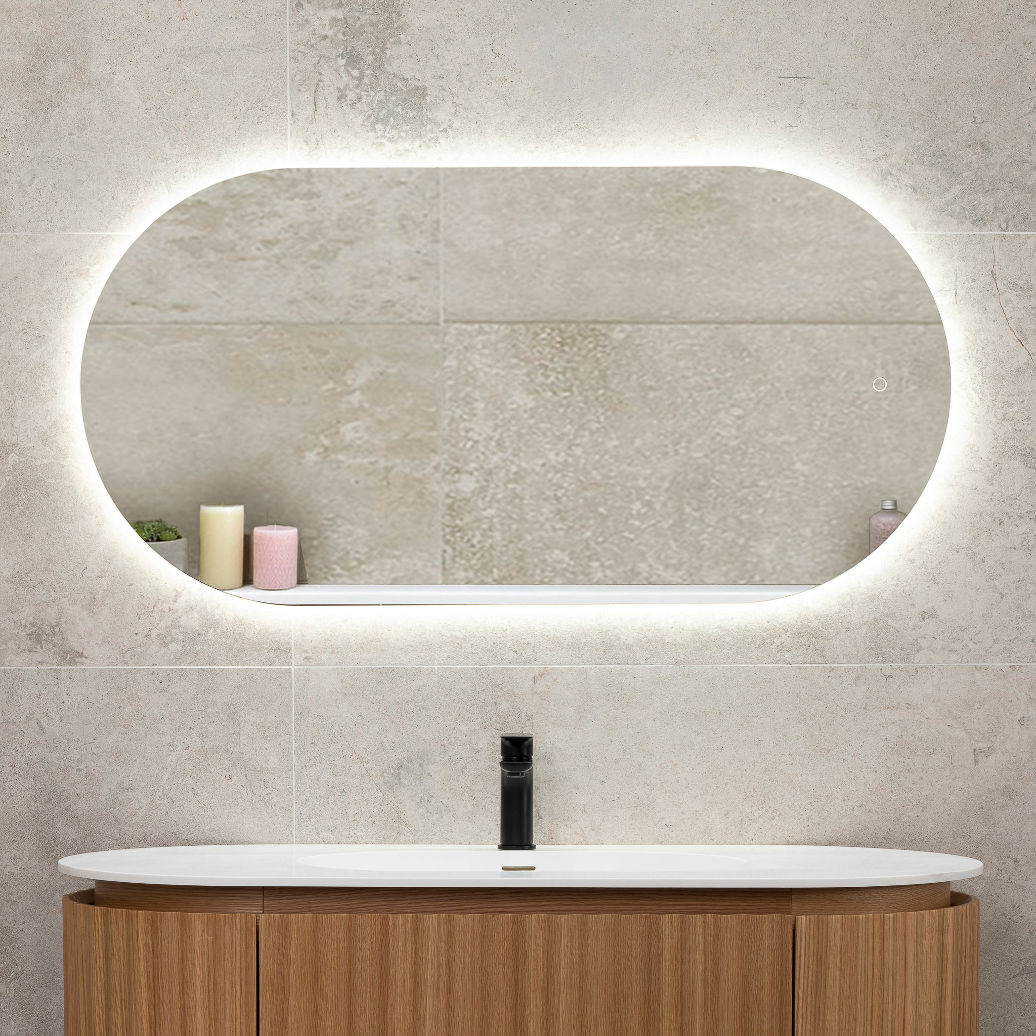 Pill Oval 600mm x 1200mm Backlit LED Frameless Mirror with Polished Edge and Demister - Image 4