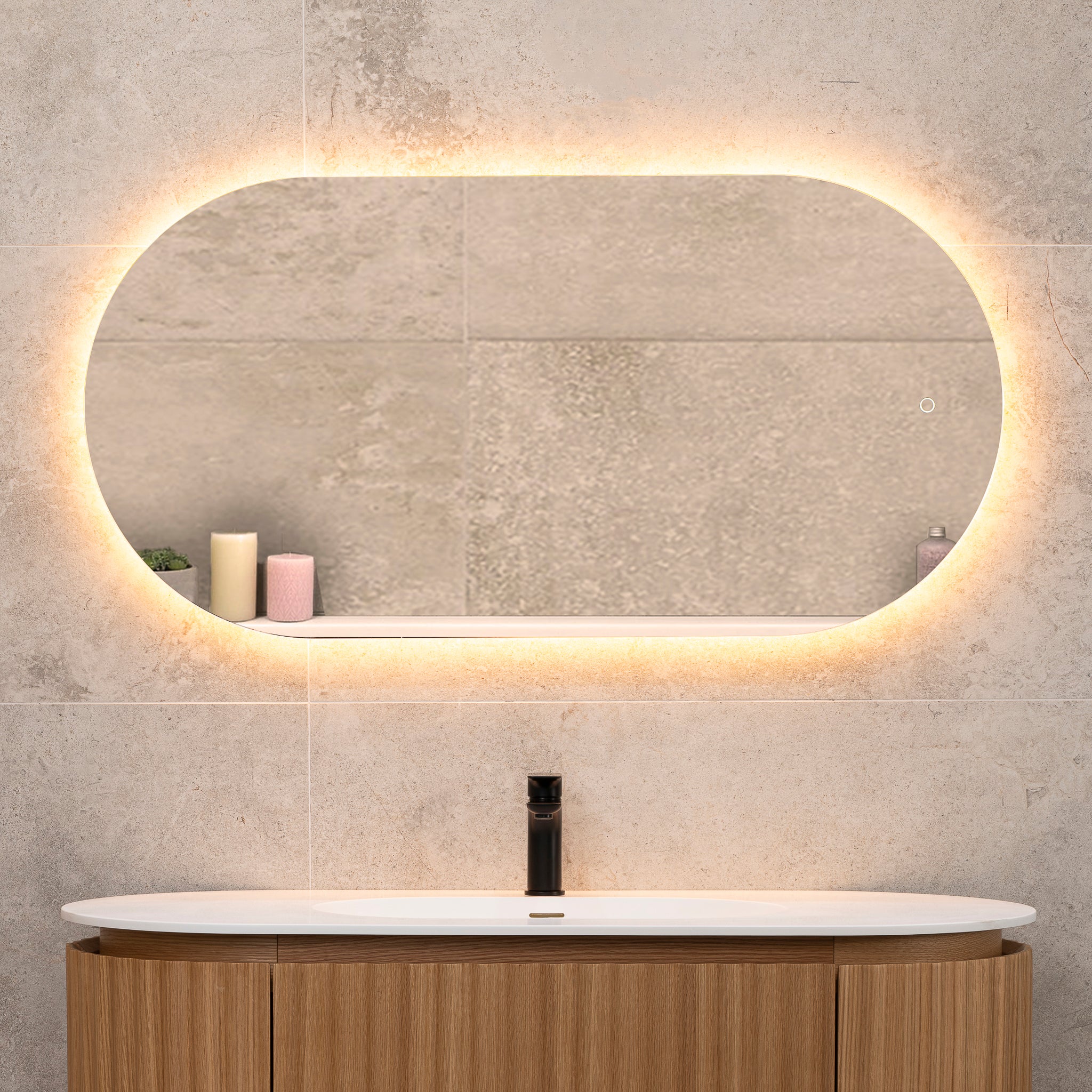 Pill Oval 600mm x 1200mm Backlit LED Frameless Mirror with Polished Edge and Demister - Image 5