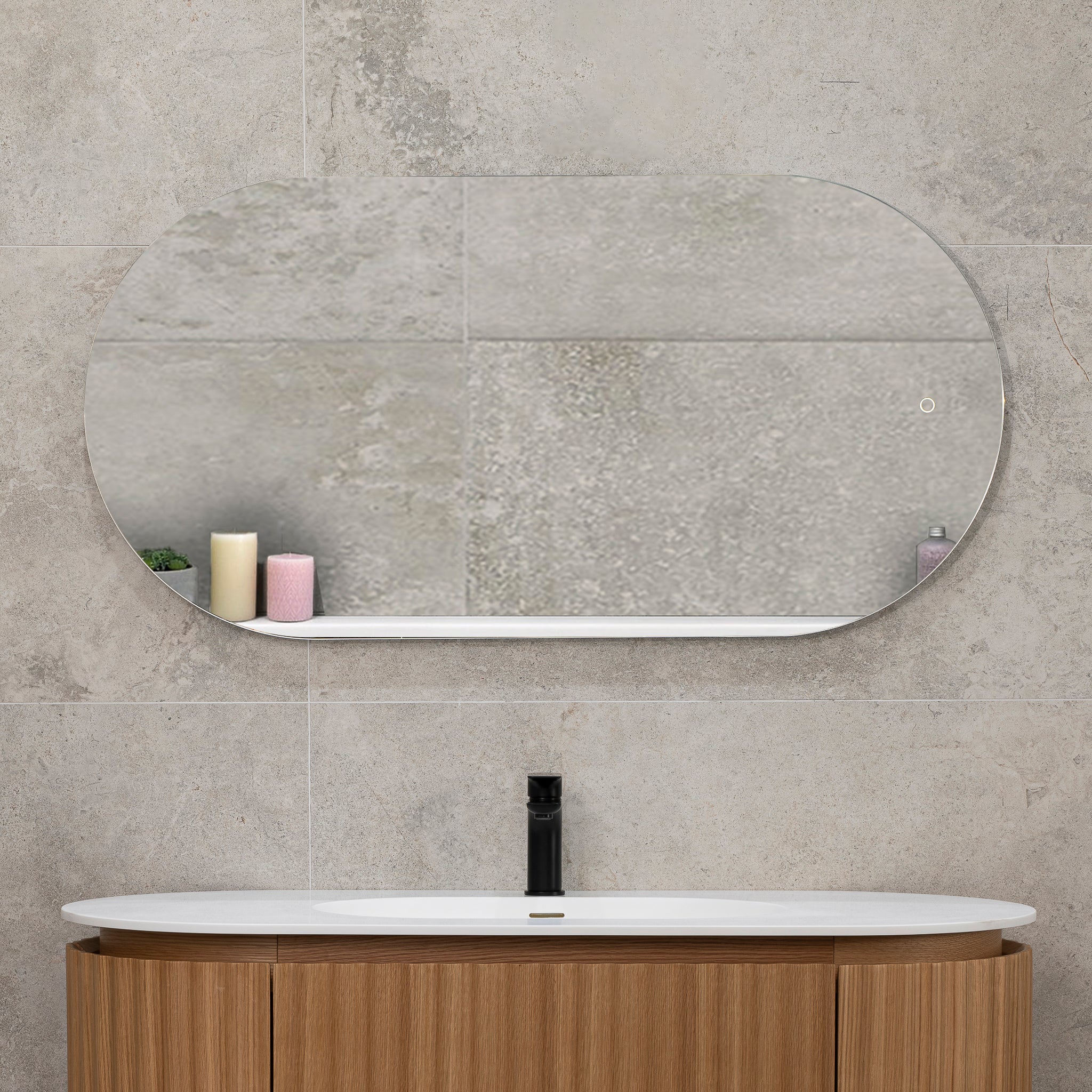 Pill Oval 600mm x 1200mm Backlit LED Frameless Mirror with Polished Edge and Demister - Image 6