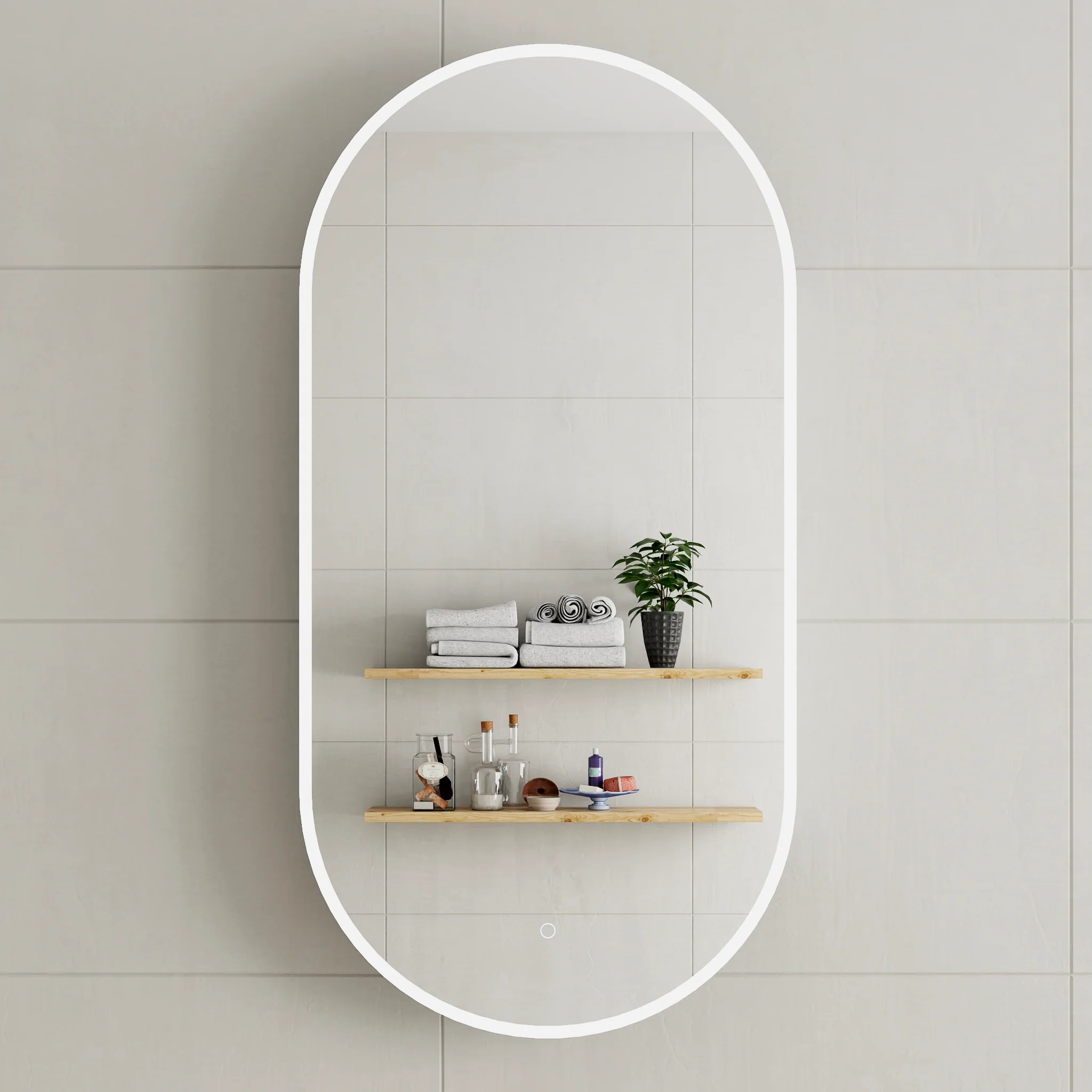 *Clearance* Pill Oval 600mm x 1200mm Frontlit LED Mirrored Shaving Cabinet, Matte White - Image 2