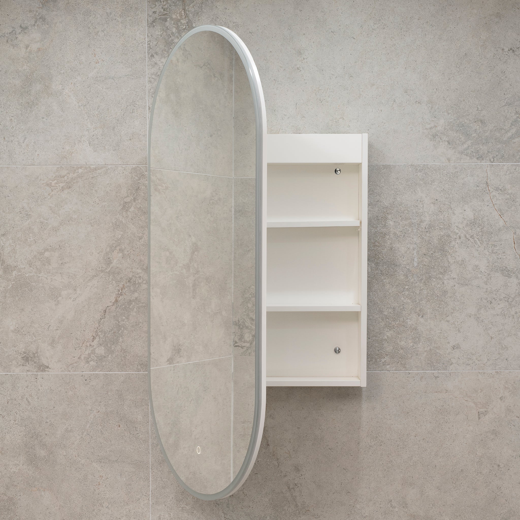 *Clearance* Pill Oval 600mm x 1200mm Frontlit LED Mirrored Shaving Cabinet, Matte White - Image 3