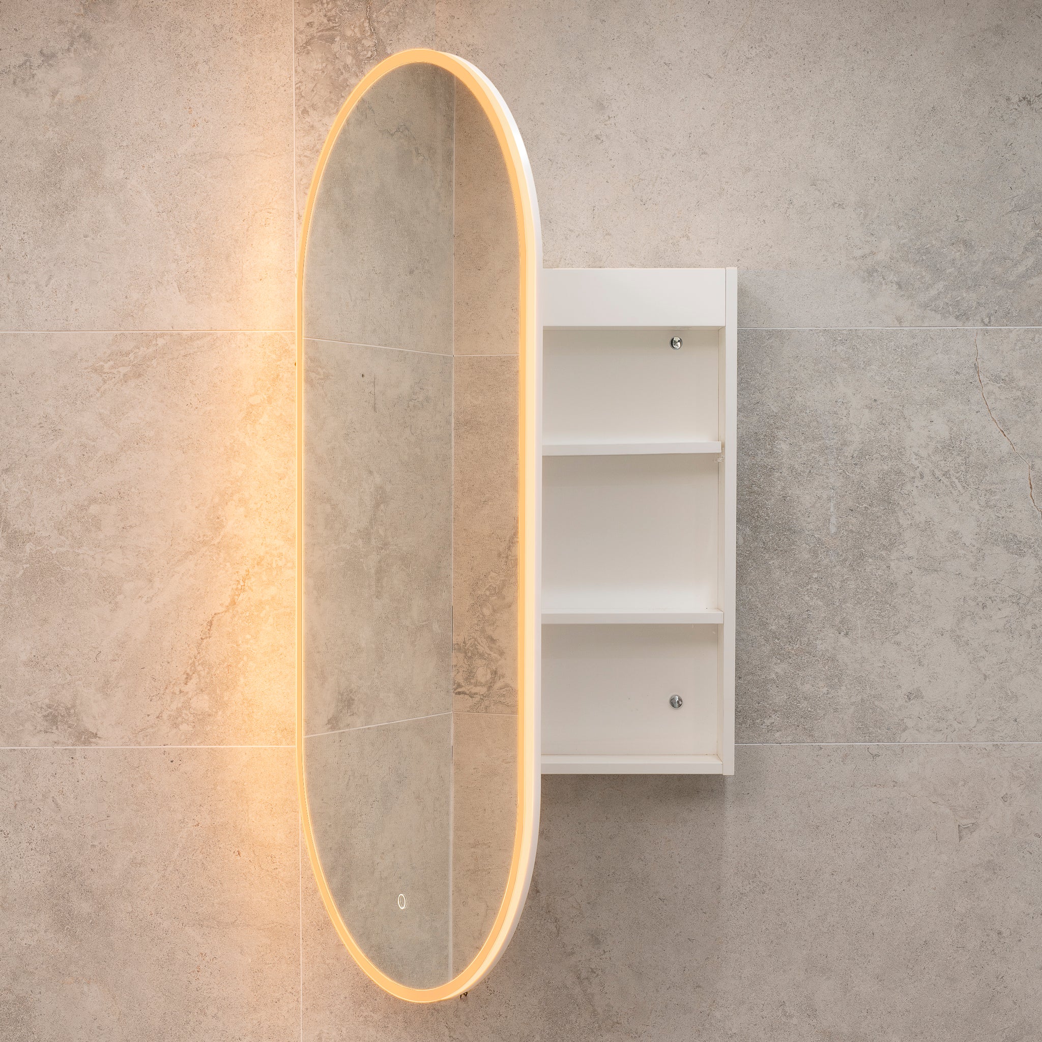 *Clearance* Pill Oval 600mm x 1200mm Frontlit LED Mirrored Shaving Cabinet, Matte White - Image 4