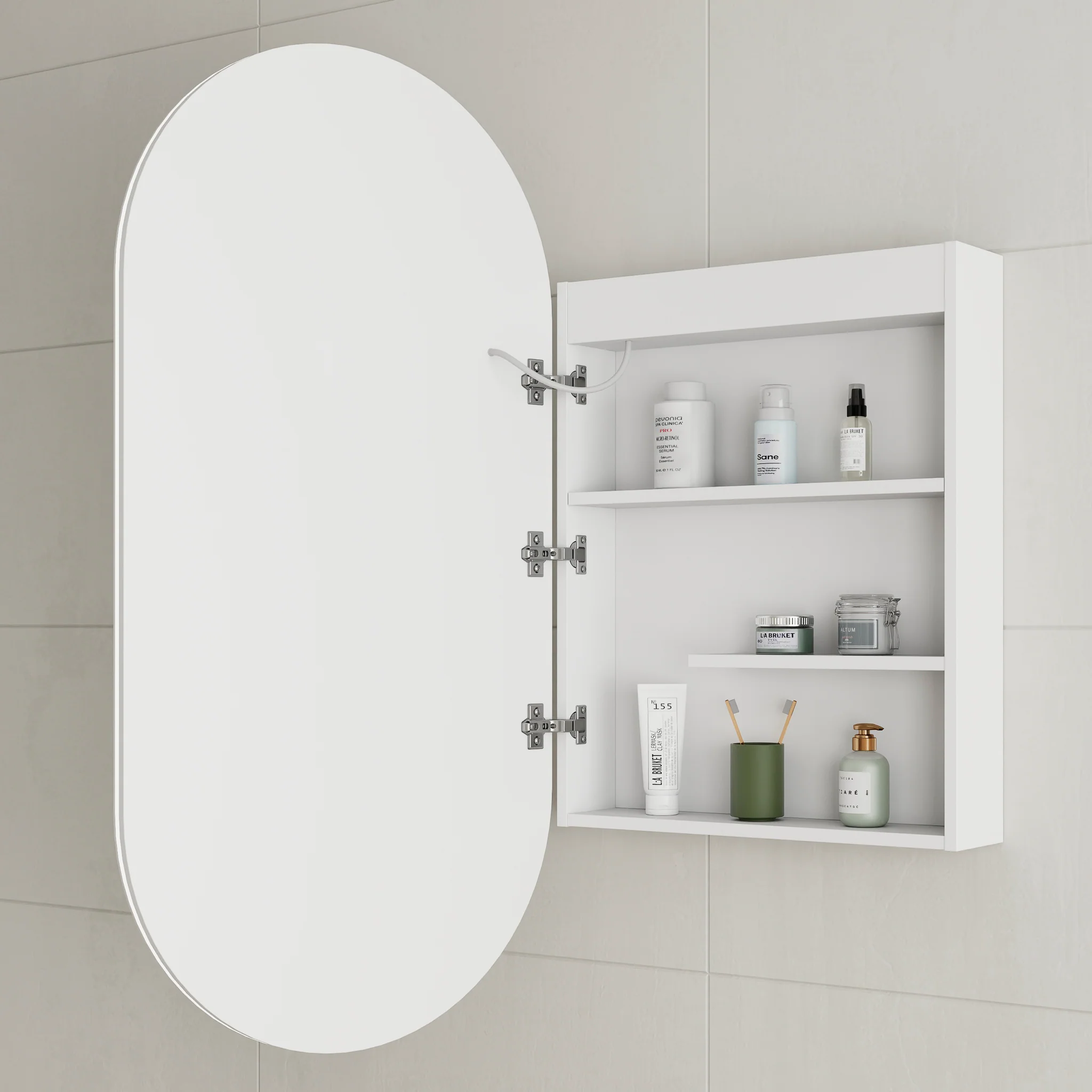 *Clearance* Pill Oval 600mm x 1200mm Frontlit LED Mirrored Shaving Cabinet, Matte White - Image 5