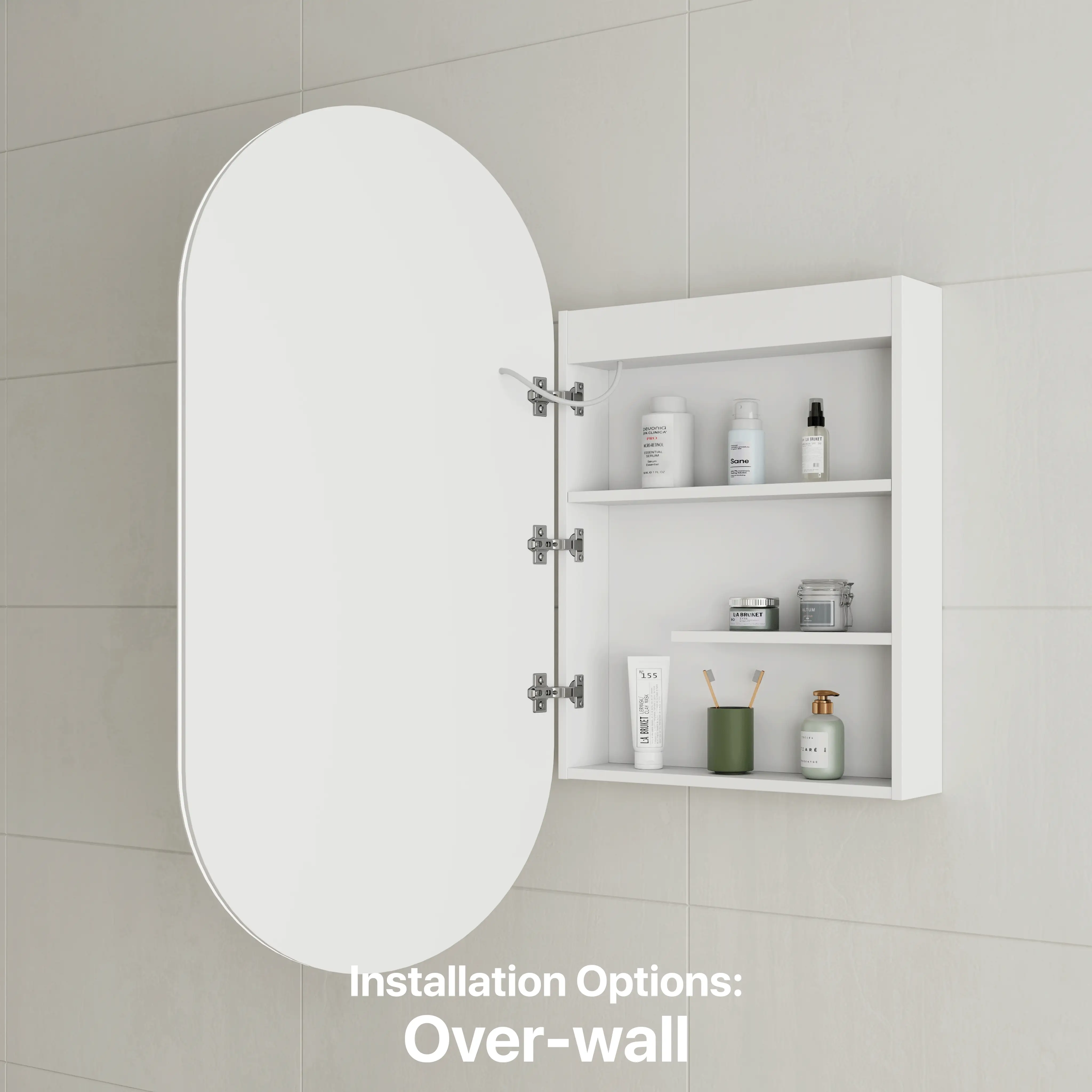 *Clearance* Pill Oval 600mm x 1200mm Frontlit LED Mirrored Shaving Cabinet, Matte White - Image 7