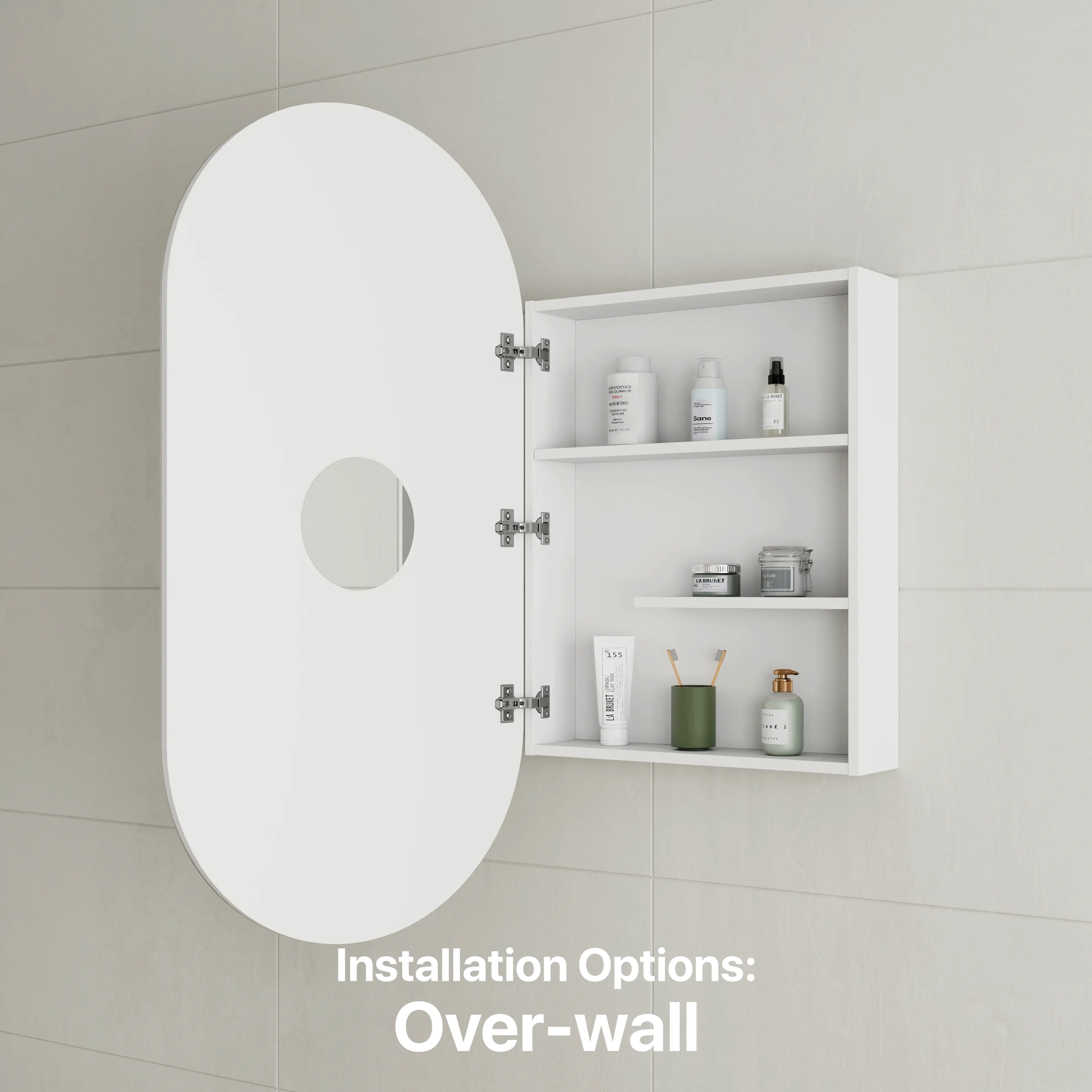 *Clearance* Pill Oval 600mm x 1200mm Mirrored Shaving Cabinet, Matte White - Image 4