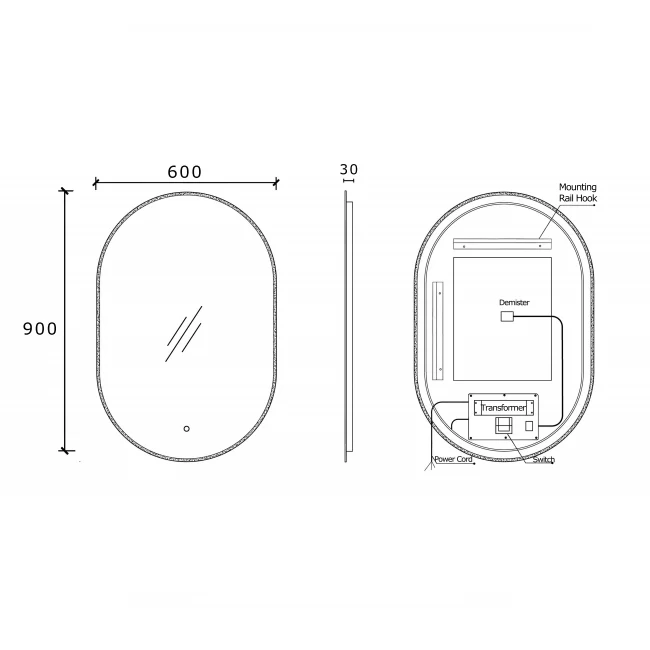 Pill Oval 600mm x 900mm Frontlit and Backlit LED Frameless Mirror with Frosted Glass Border and Demister - Image 4