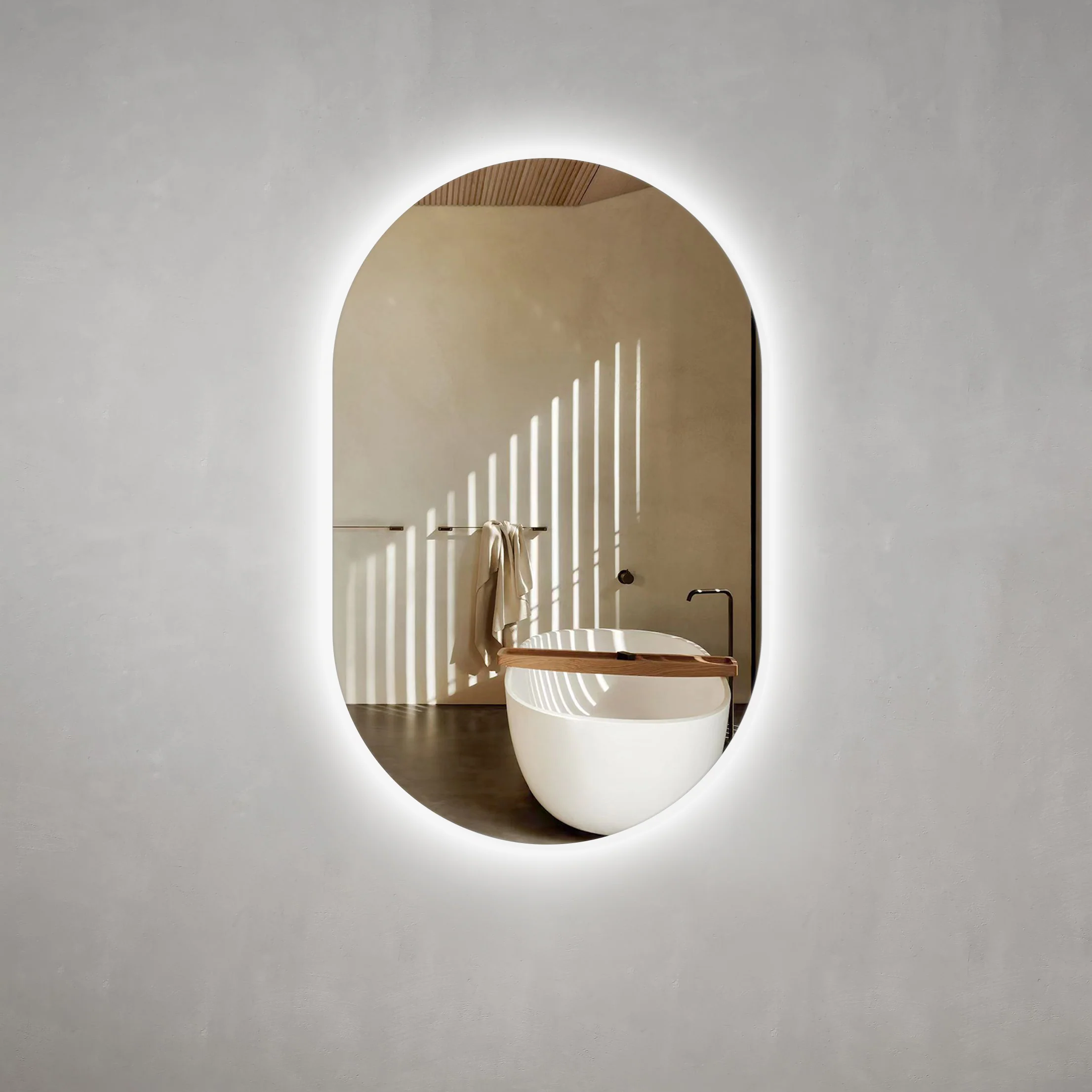 Pill Oval 750mm x 1200mm Backlit LED Frameless Mirror with Polished Edge and Demister - Image 2