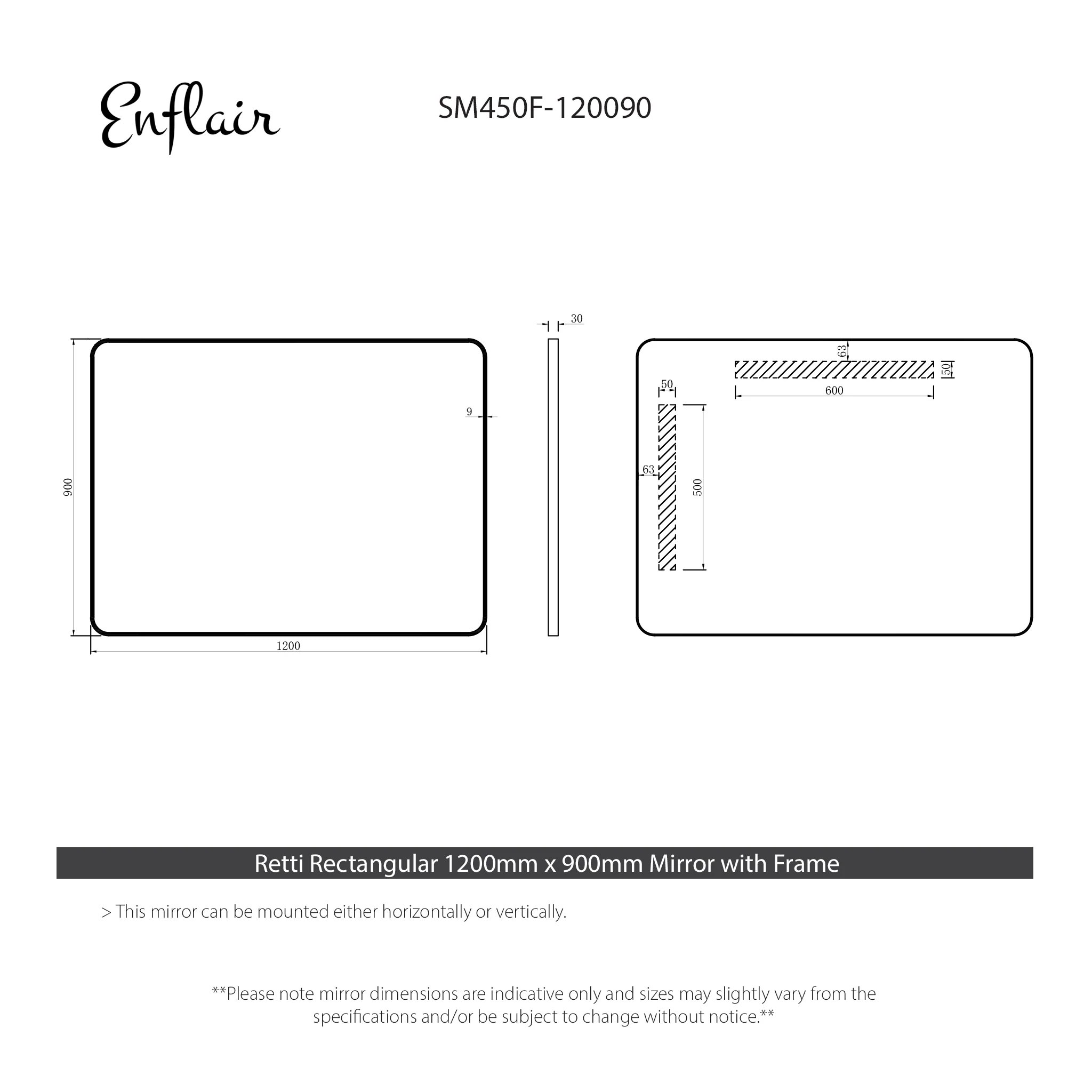 Retti Rectangular 1200mm x 900mm Framed Mirror, Matte Black Frame - Image 3