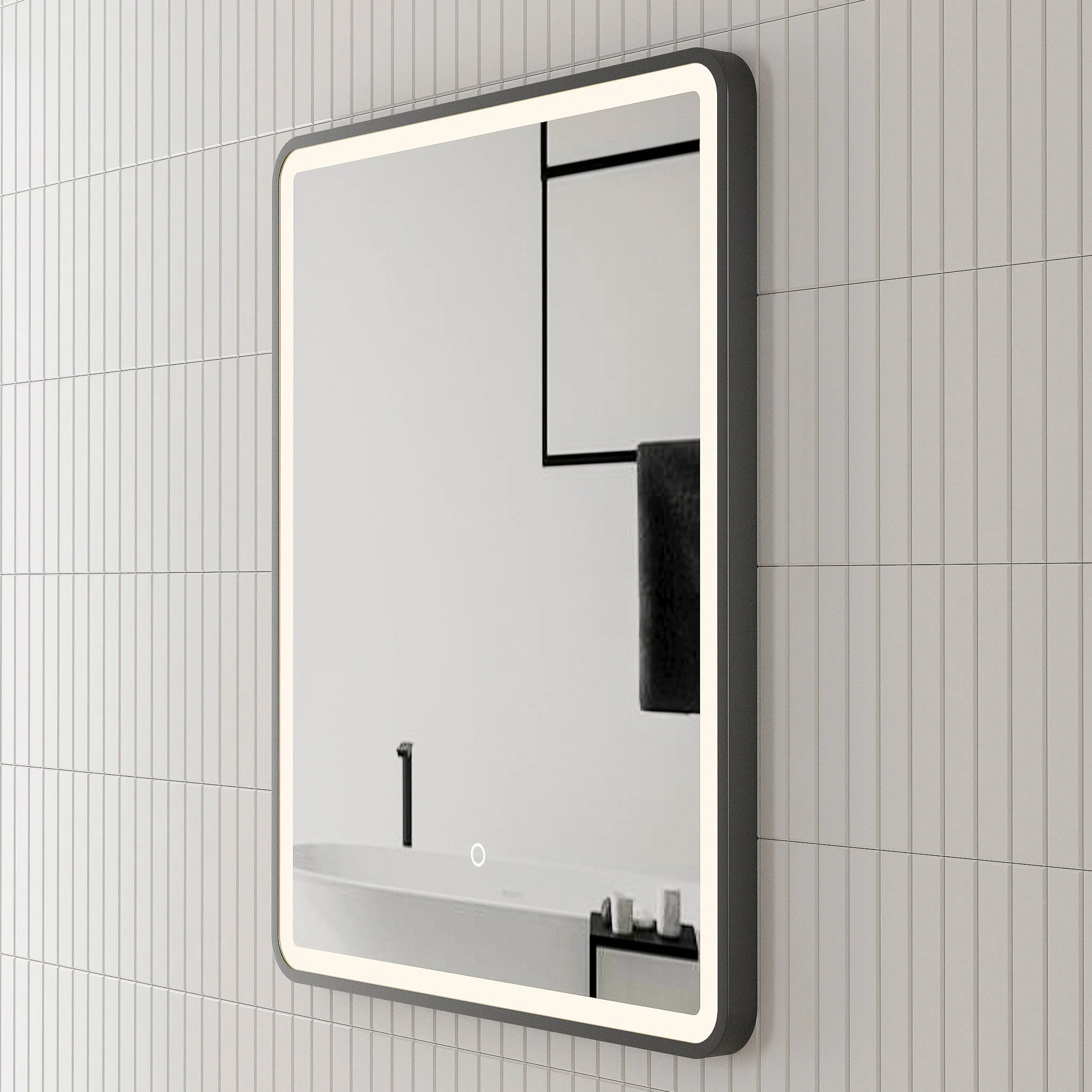 Retti Rectangular 750mm x 900mm Frontlit LED Framed Mirror with Demister, Matte Black Frame - Image 7