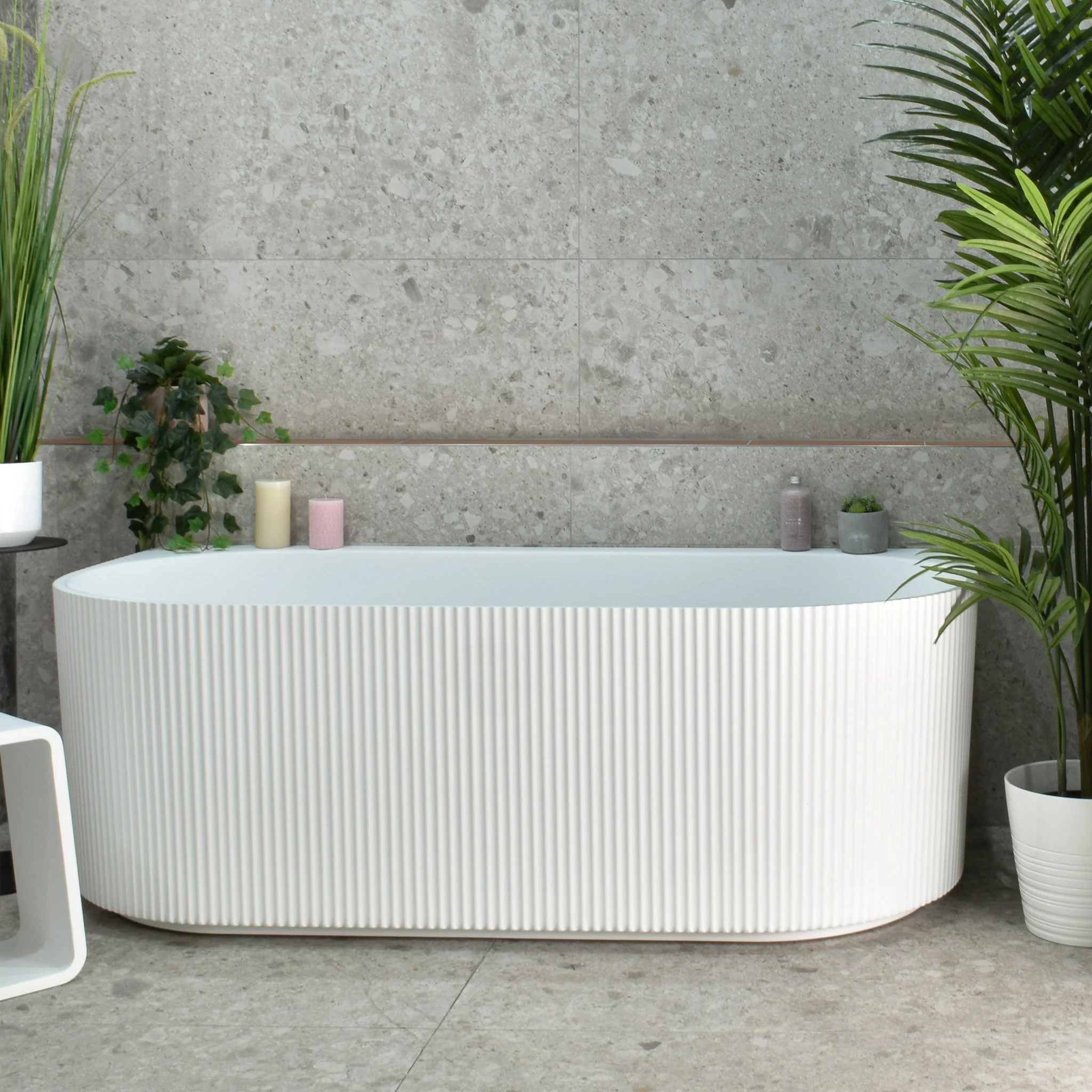 Brighton Groove 1500mm Fluted Oval Freestanding Back to Wall Bath, Gloss White - Image 2