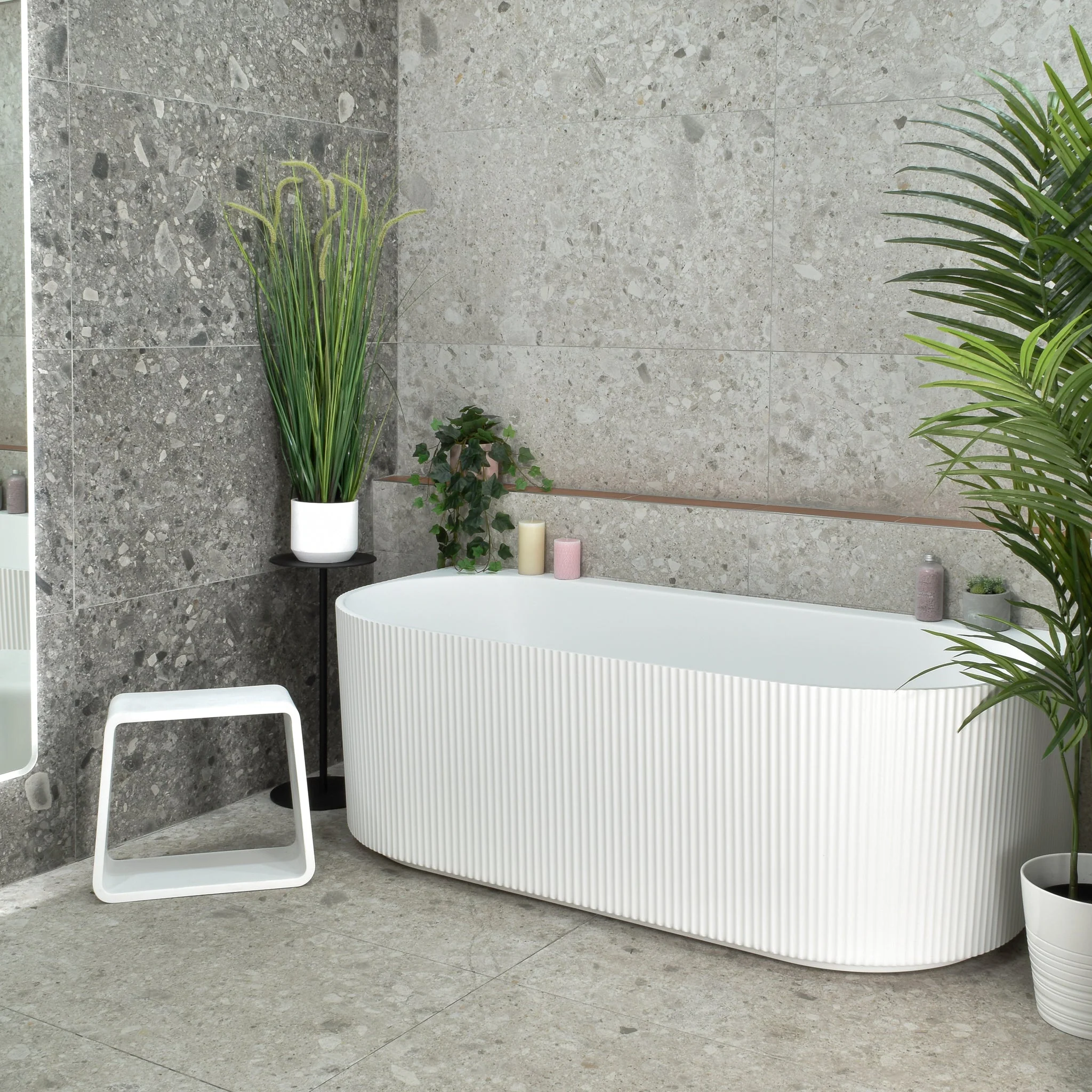 Brighton Groove 1500mm Fluted Oval Freestanding Back to Wall Bath, Gloss White - Image 3