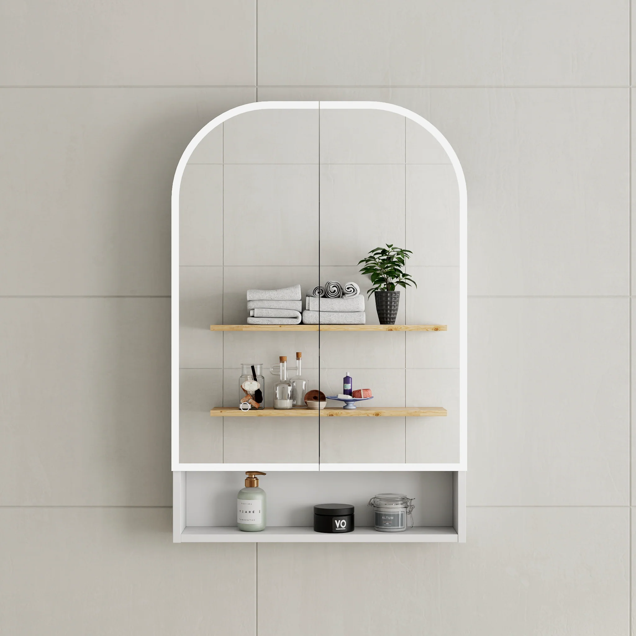 *Clearance* Tura Arch 600mm x 900mm Fronlit LED Mirrored Shaving Cabinet with Exposed Shelf, Matte White - Image 2