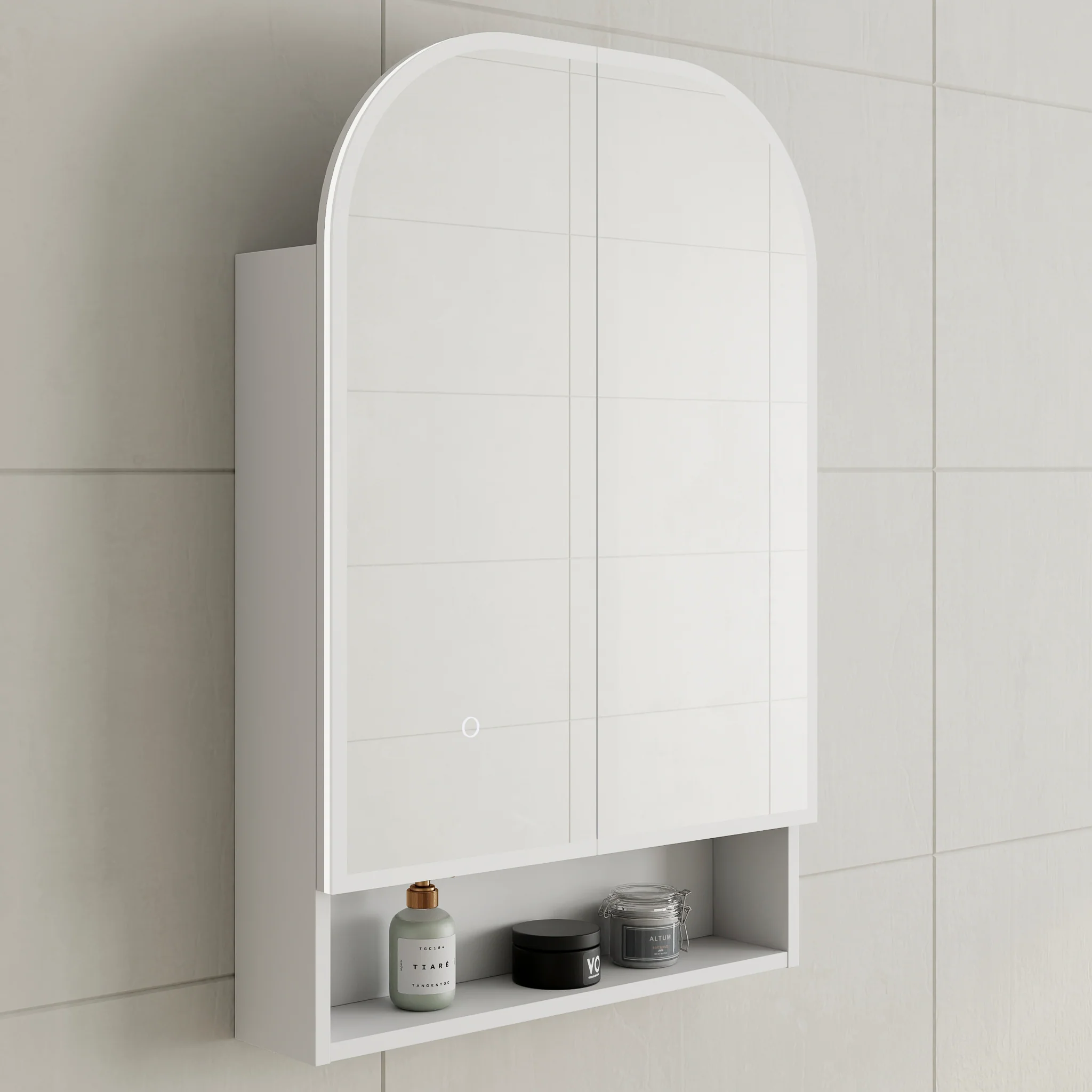 *Clearance* Tura Arch 600mm x 900mm Fronlit LED Mirrored Shaving Cabinet with Exposed Shelf, Matte White - Image 3