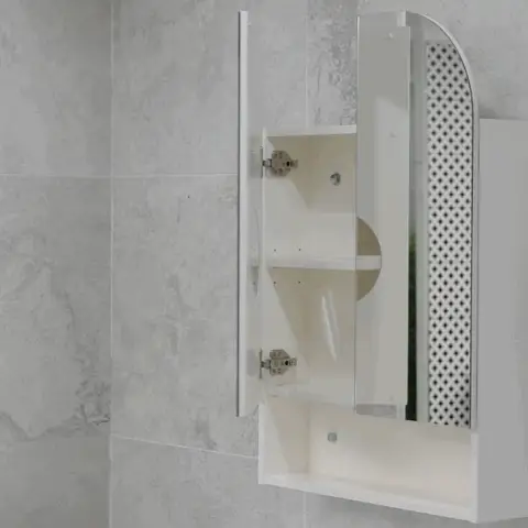 *Clearance* Tura Arch 600mm x 900mm Fronlit LED Mirrored Shaving Cabinet with Exposed Shelf, Matte White - Image 4