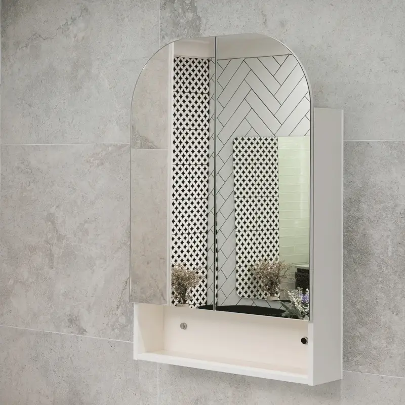*Clearance* Tura Arch 600mm x 900mm Mirrored Shaving Cabinet with Exposed Shelf, Matte White - Image 2