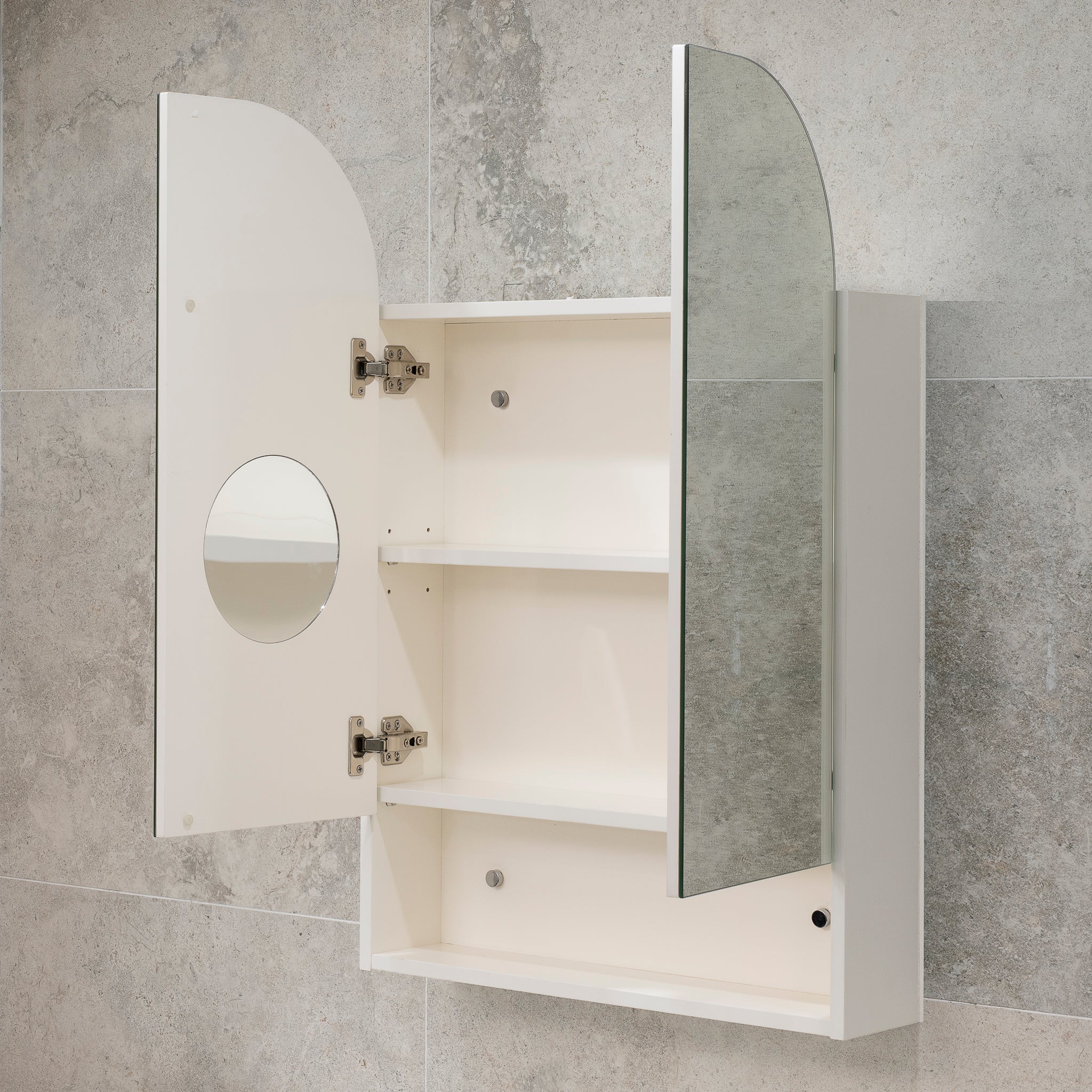 *Clearance* Tura Arch 600mm x 900mm Mirrored Shaving Cabinet with Exposed Shelf, Matte White - Image 4