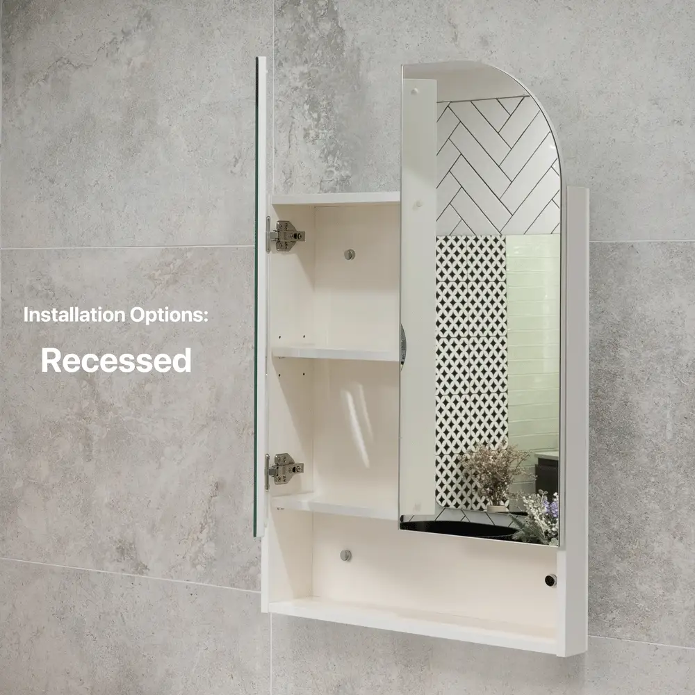 *Clearance* Tura Arch 600mm x 900mm Mirrored Shaving Cabinet with Exposed Shelf, Matte White - Image 6