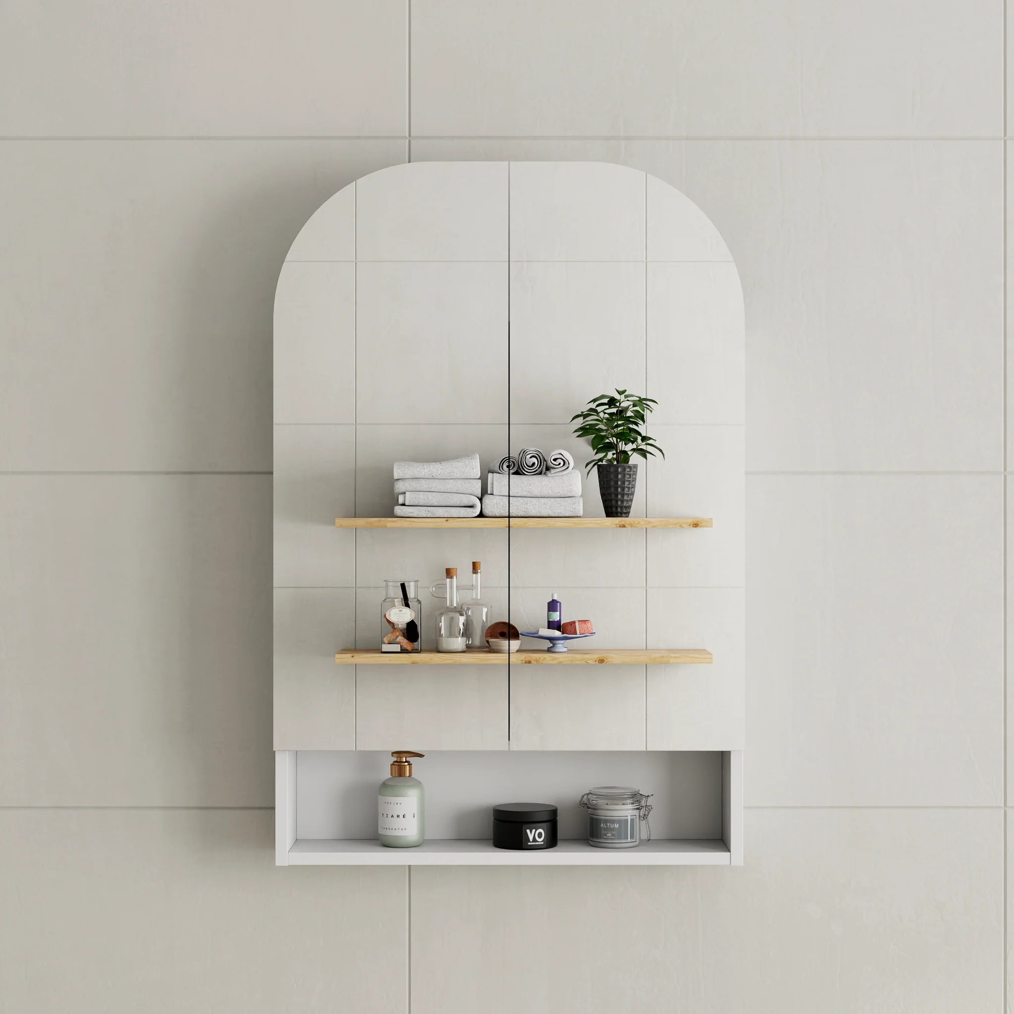 *Clearance* Tura Arch 600mm x 900mm Mirrored Shaving Cabinet with Exposed Shelf, Matte White - Image 7