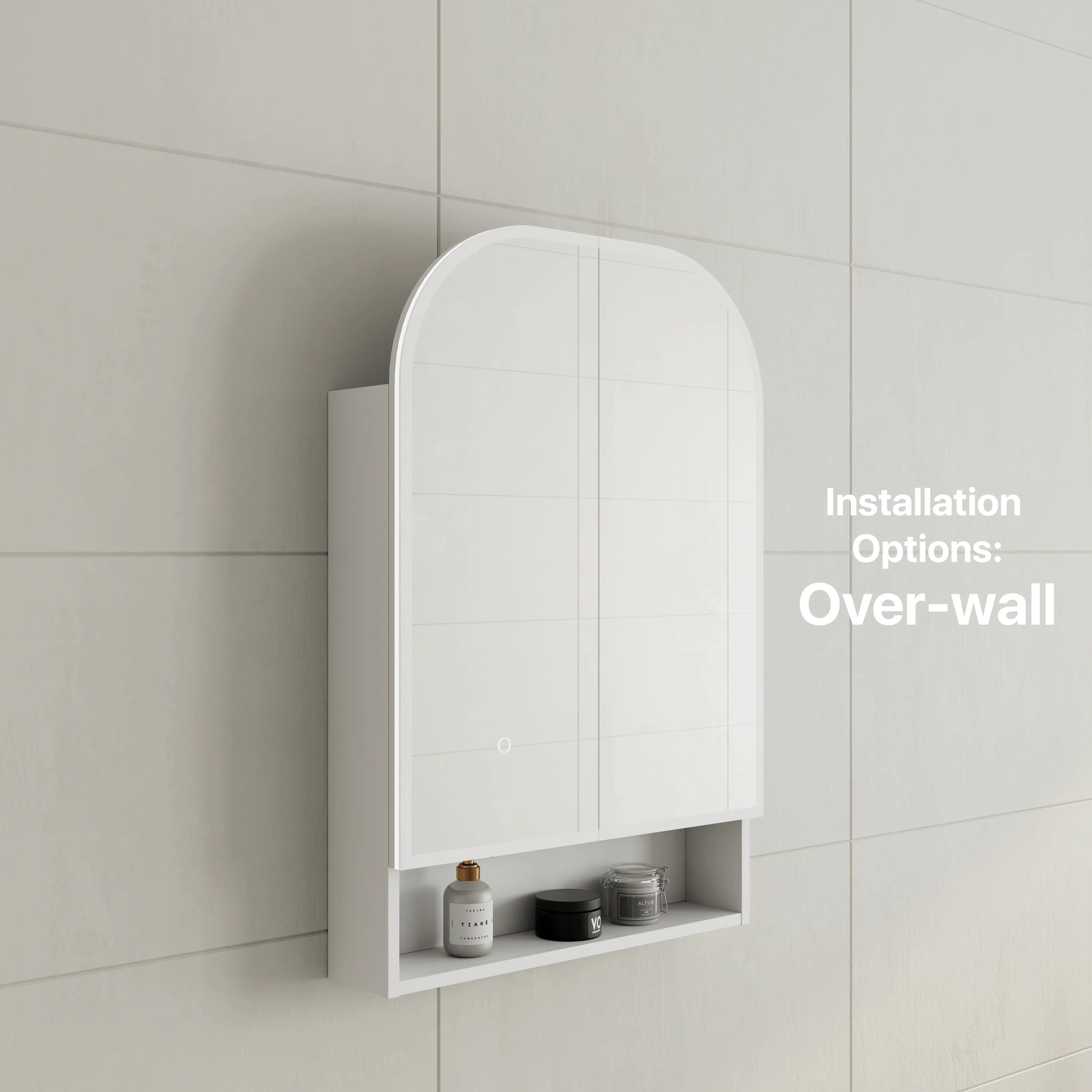 *Clearance* Tura Arch 600mm x 900mm Mirrored Shaving Cabinet with Exposed Shelf, Matte White - Image 8