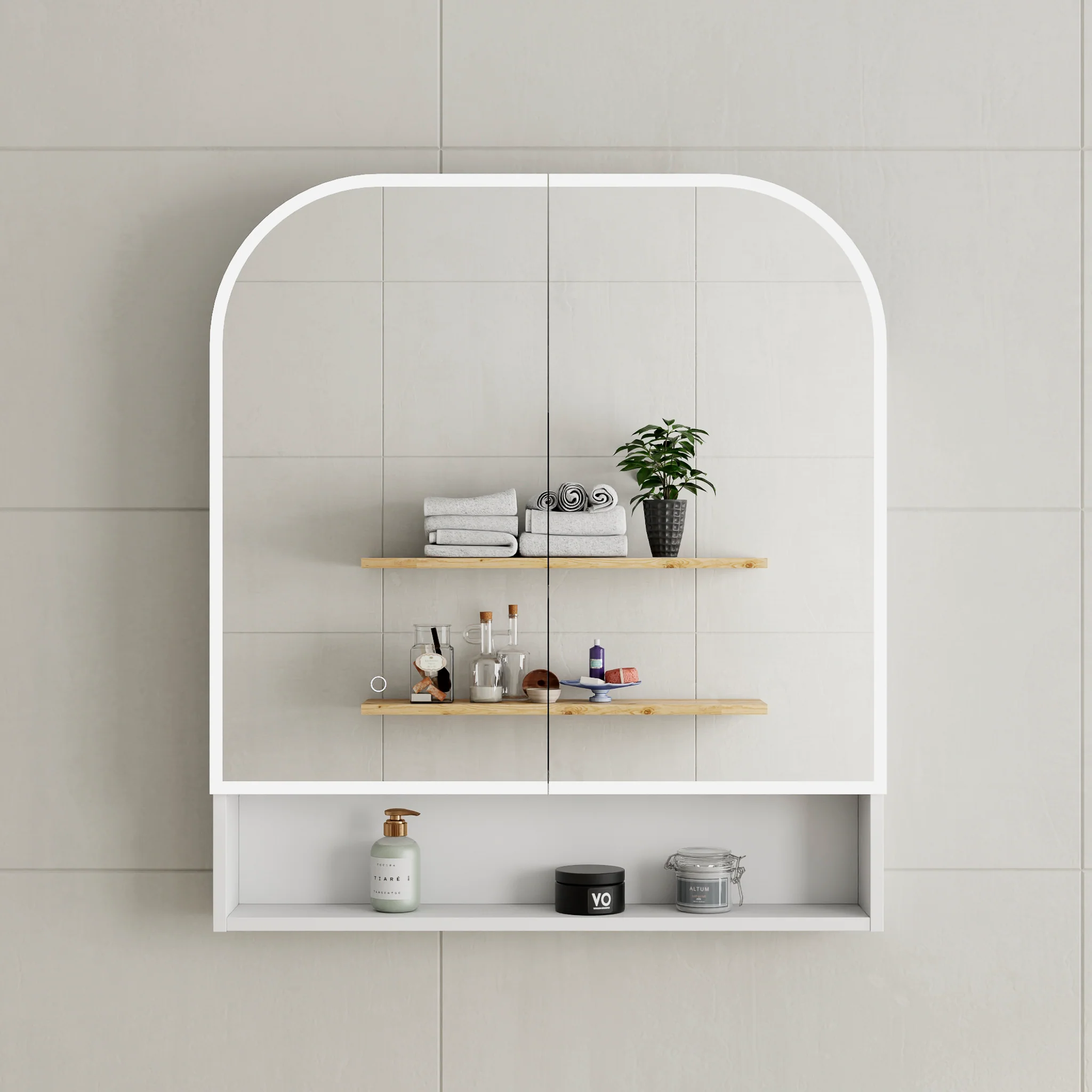 *Clearance* Tura Arch 800mm x 900mm Fronlit LED Mirrored Shaving Cabinet with Exposed Shelf, Matte White - Image 2