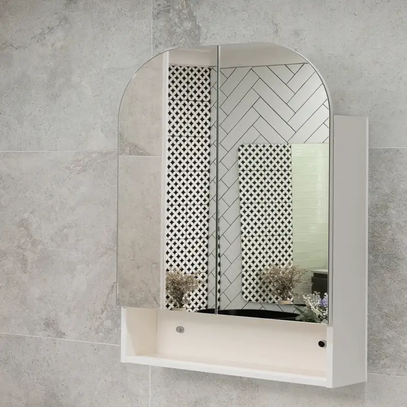 *Clearance* Tura Arch 800mm x 900mm Mirrored Shaving Cabinet with Exposed Shelf, Matte White - Image 2