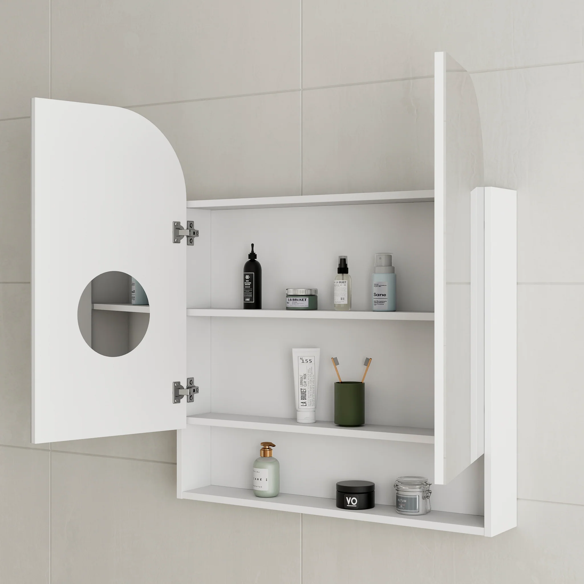 *Clearance* Tura Arch 800mm x 900mm Mirrored Shaving Cabinet with Exposed Shelf, Matte White - Image 3