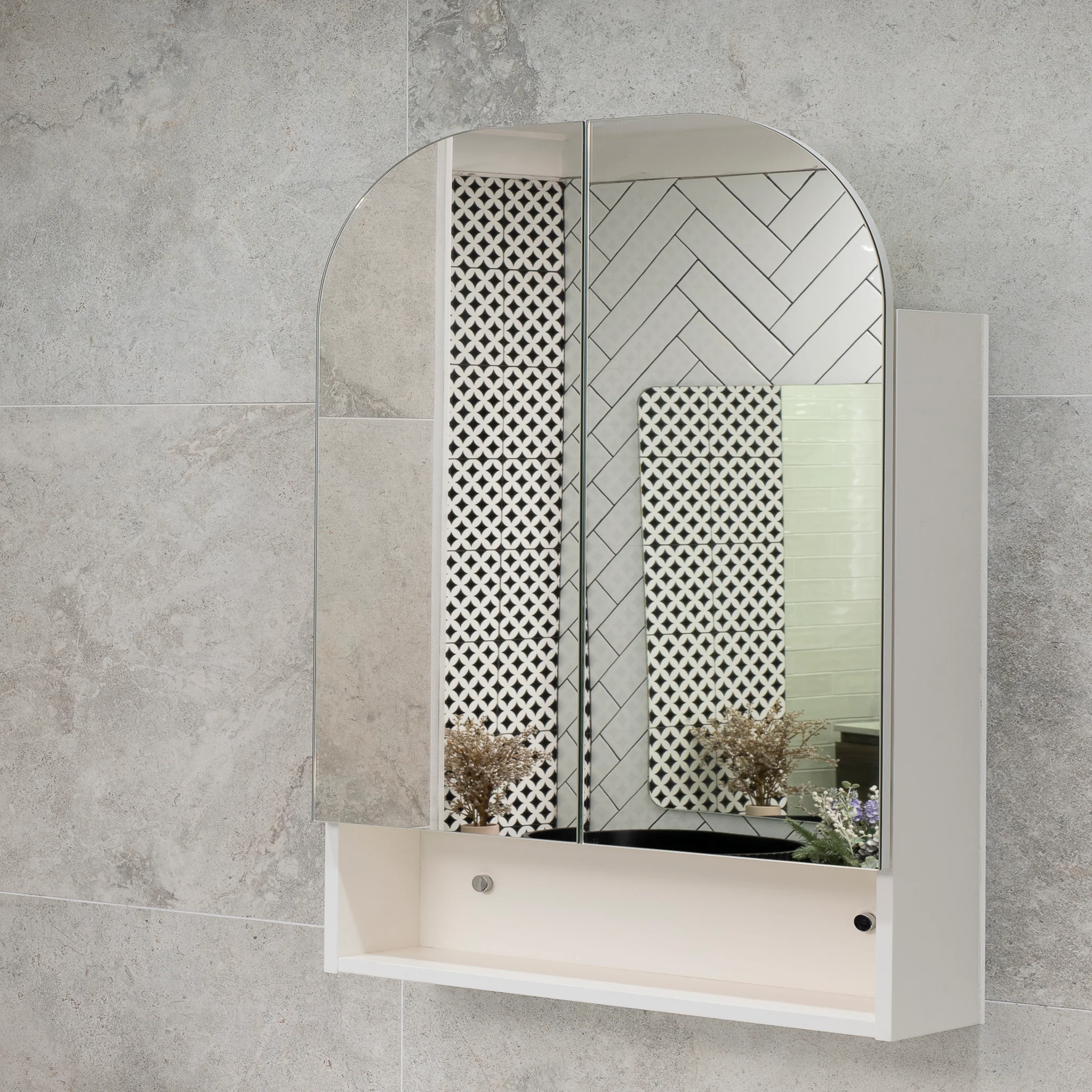 *Clearance* Tura Arch 800mm x 900mm Mirrored Shaving Cabinet with Exposed Shelf, Matte White - Image 4