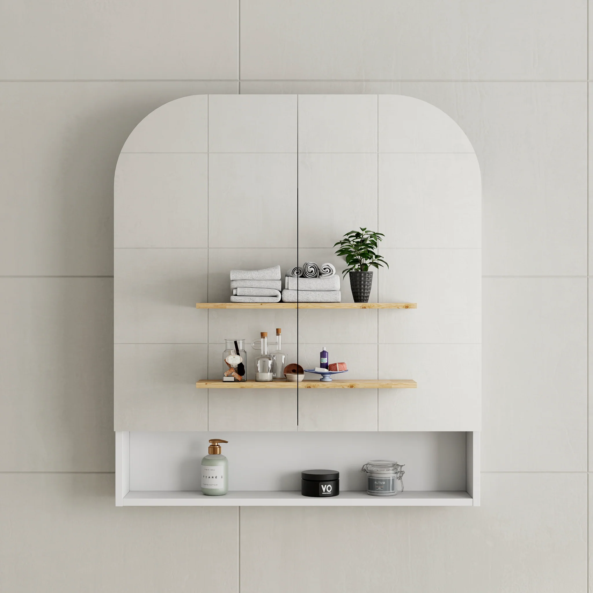 *Clearance* Tura Arch 800mm x 900mm Mirrored Shaving Cabinet with Exposed Shelf, Matte White - Image 5