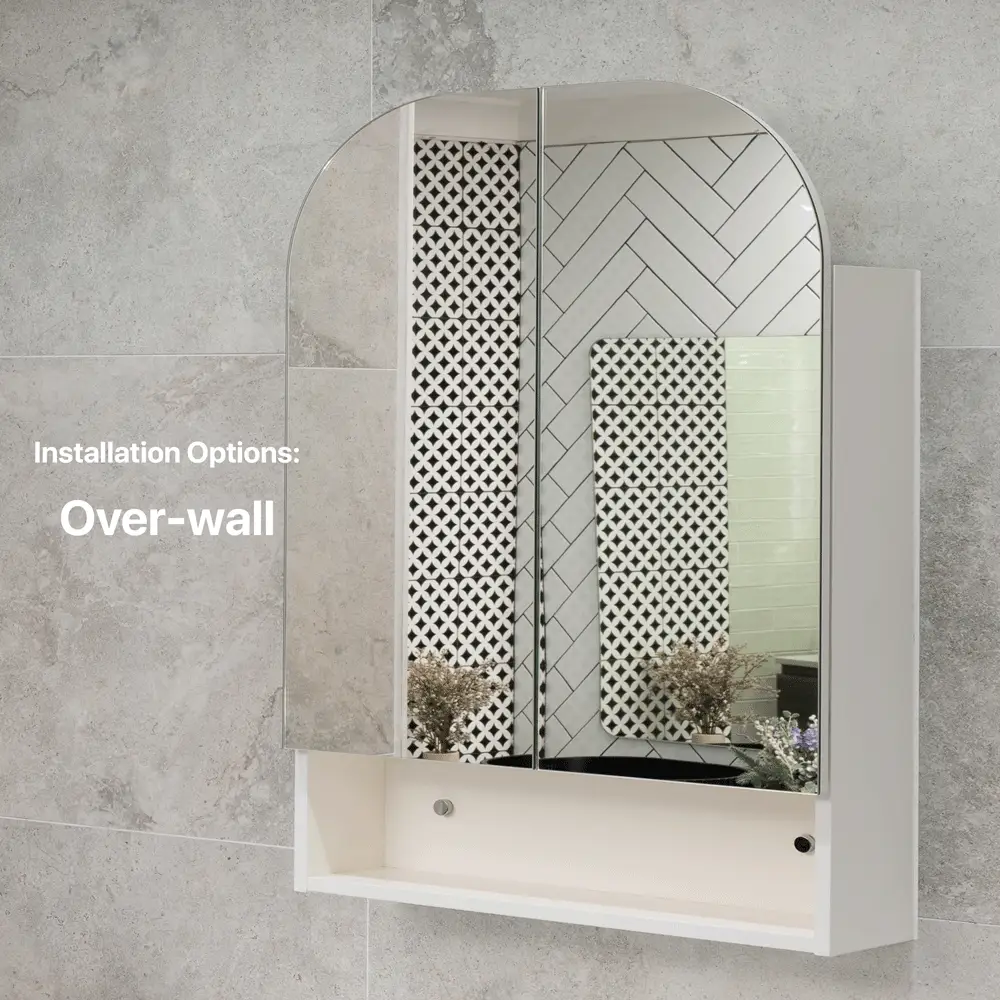 *Clearance* Tura Arch 800mm x 900mm Mirrored Shaving Cabinet with Exposed Shelf, Matte White - Image 6