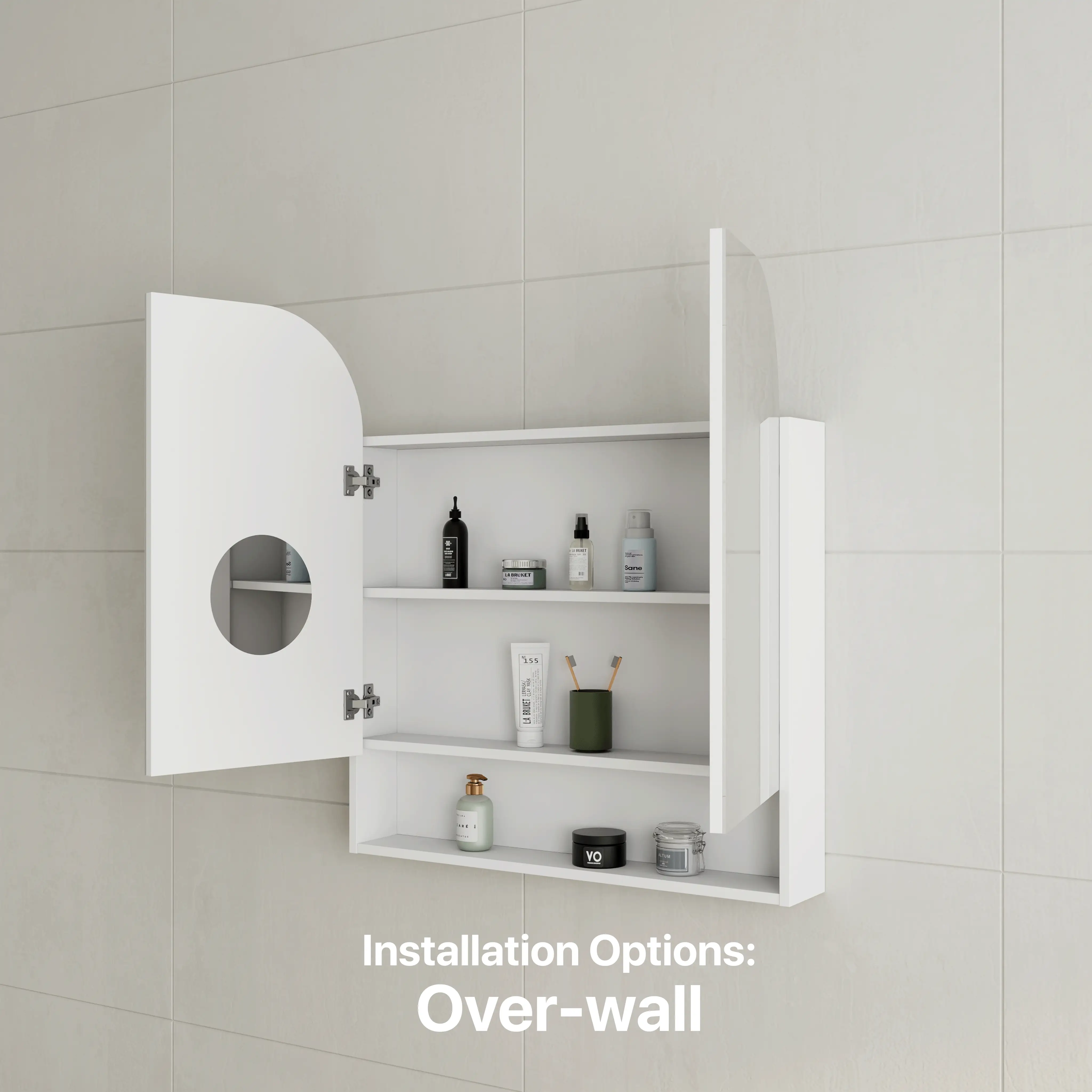 *Clearance* Tura Arch 800mm x 900mm Mirrored Shaving Cabinet with Exposed Shelf, Matte White - Image 7