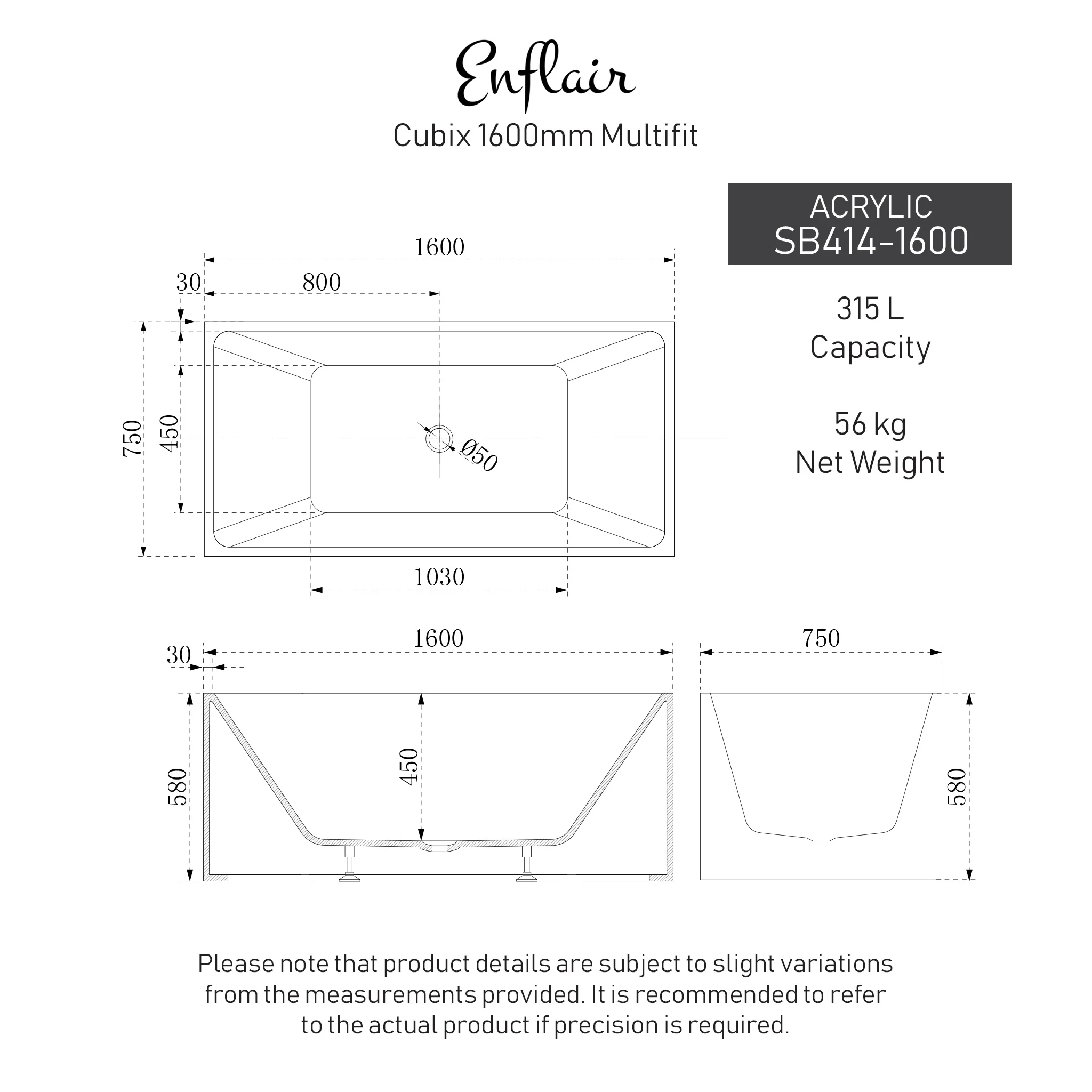Cubix 1600mm Square Multifit Freestanding Bath, Gloss White - Image 3