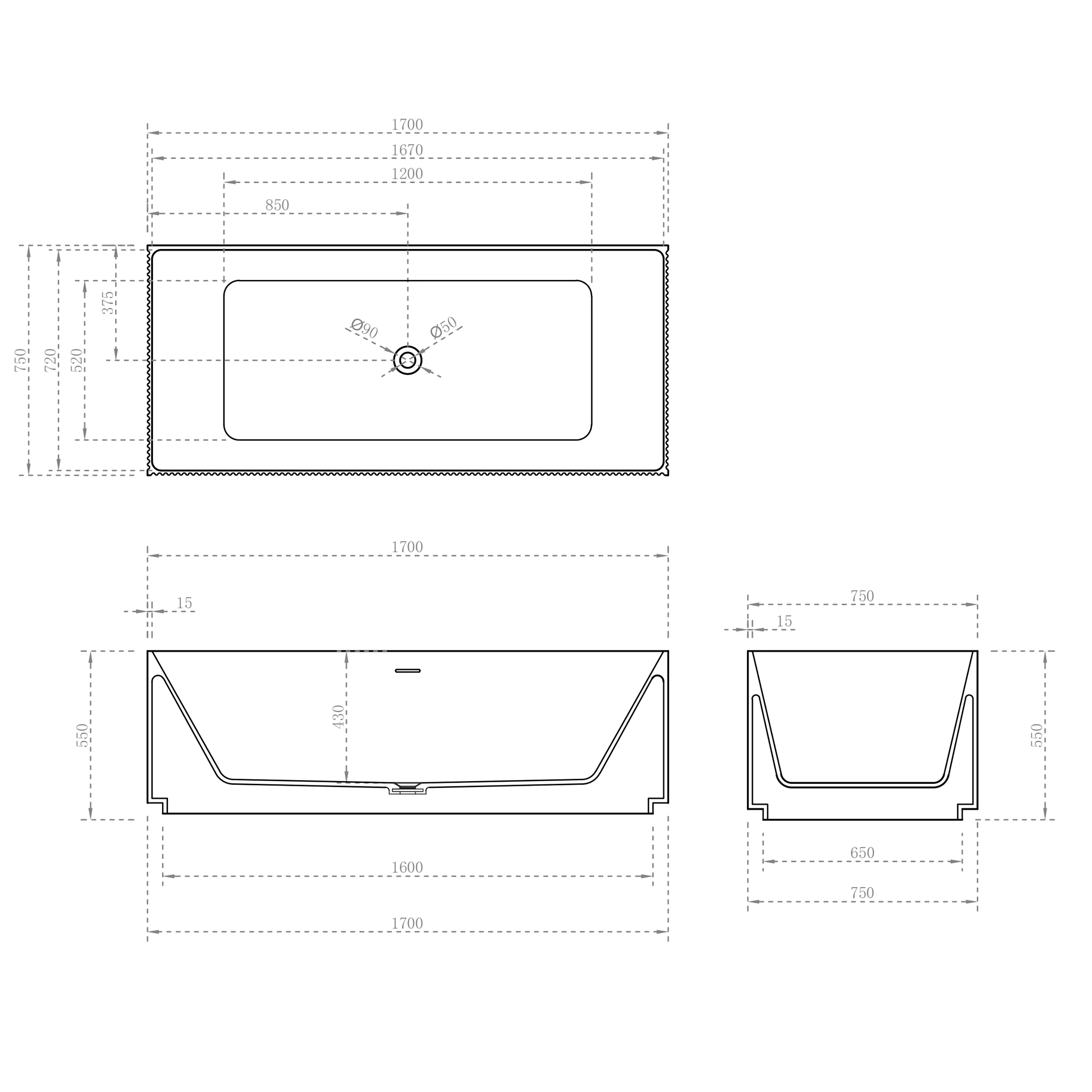 Cubix Groove 1700mm Fluted Square Multifit Artificial Stone Freestanding Bath, Matte White - Image 4