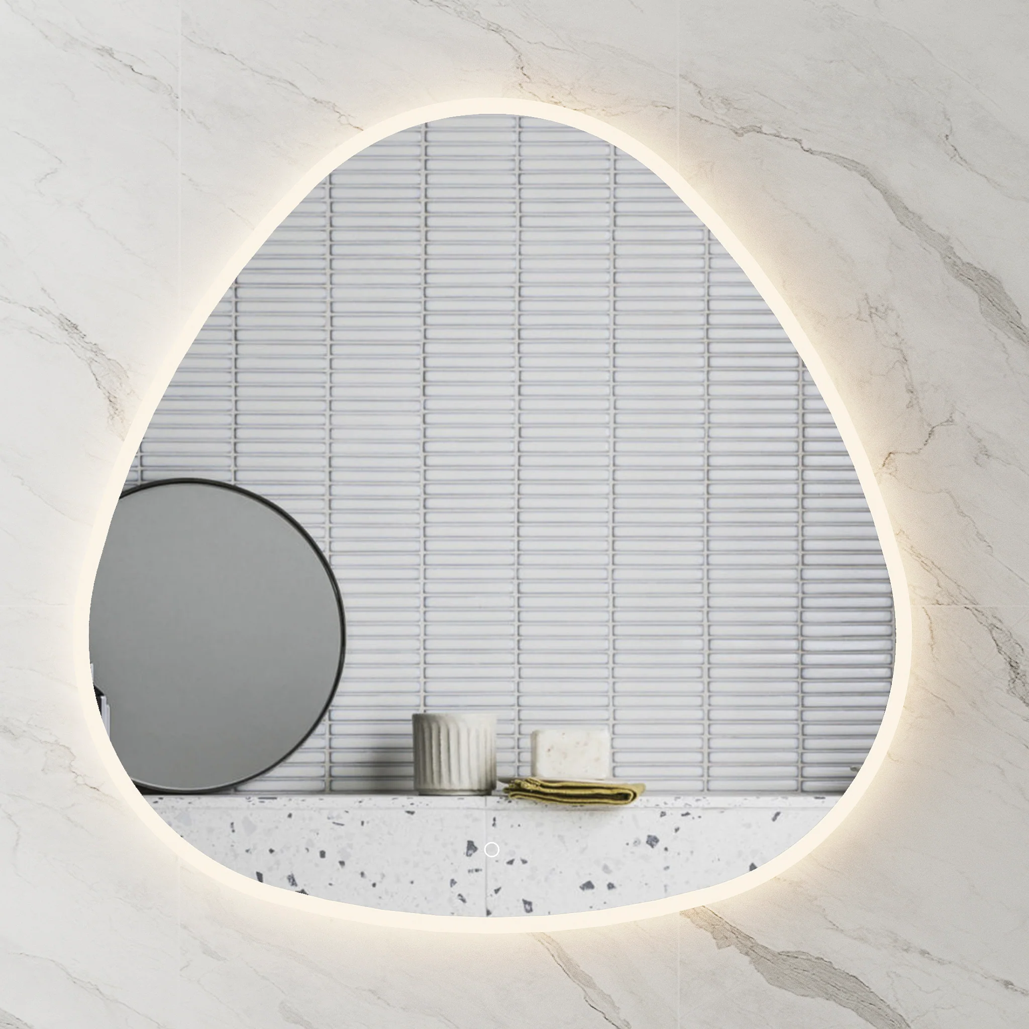 Delphi Egg 1000mm Frontlit and Backlit LED Frameless Mirror with Frosted Glass Border and Demister - Image 2