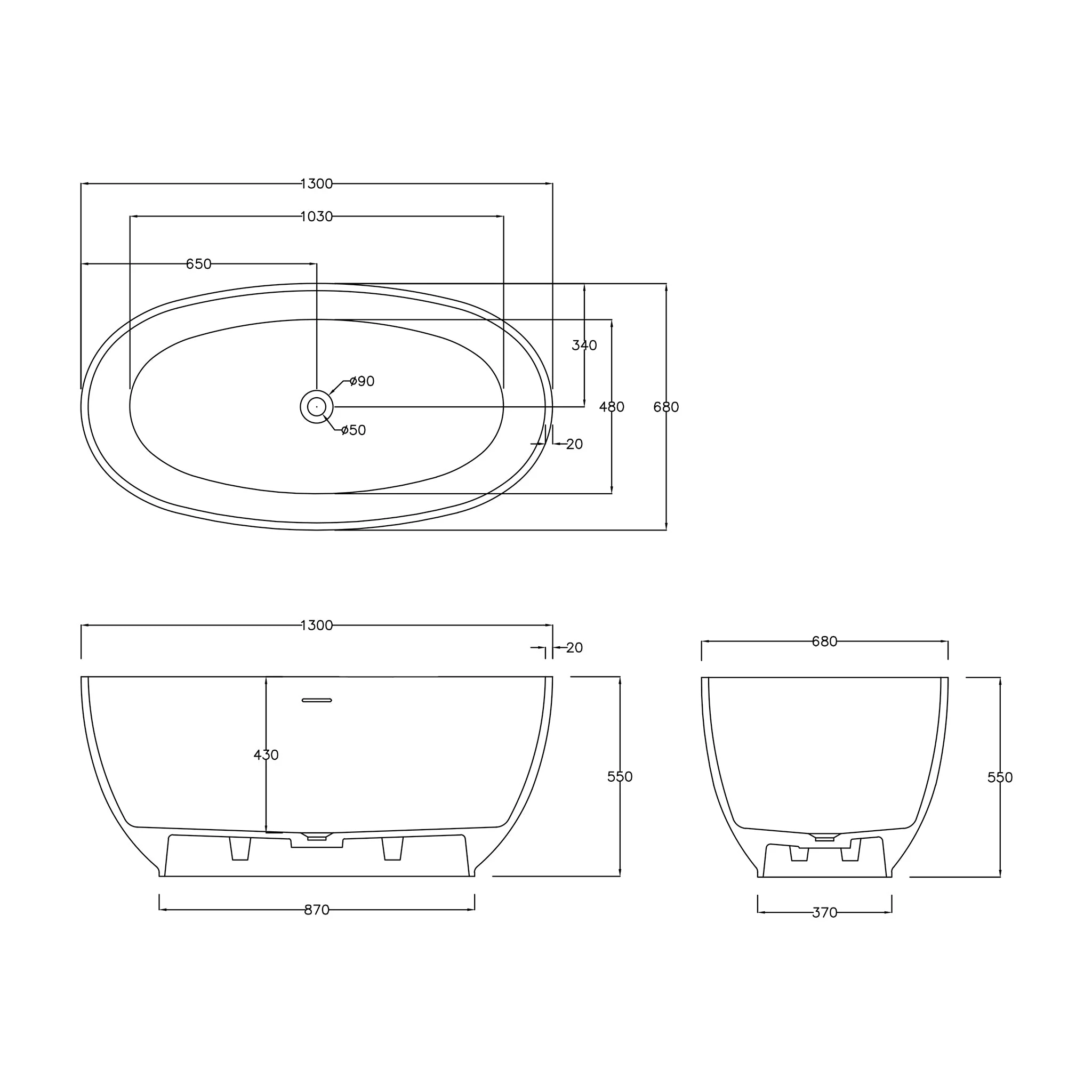 Delphi Egg 1300mm Artificial Stone Freestanding Bath, Matte White - Image 4