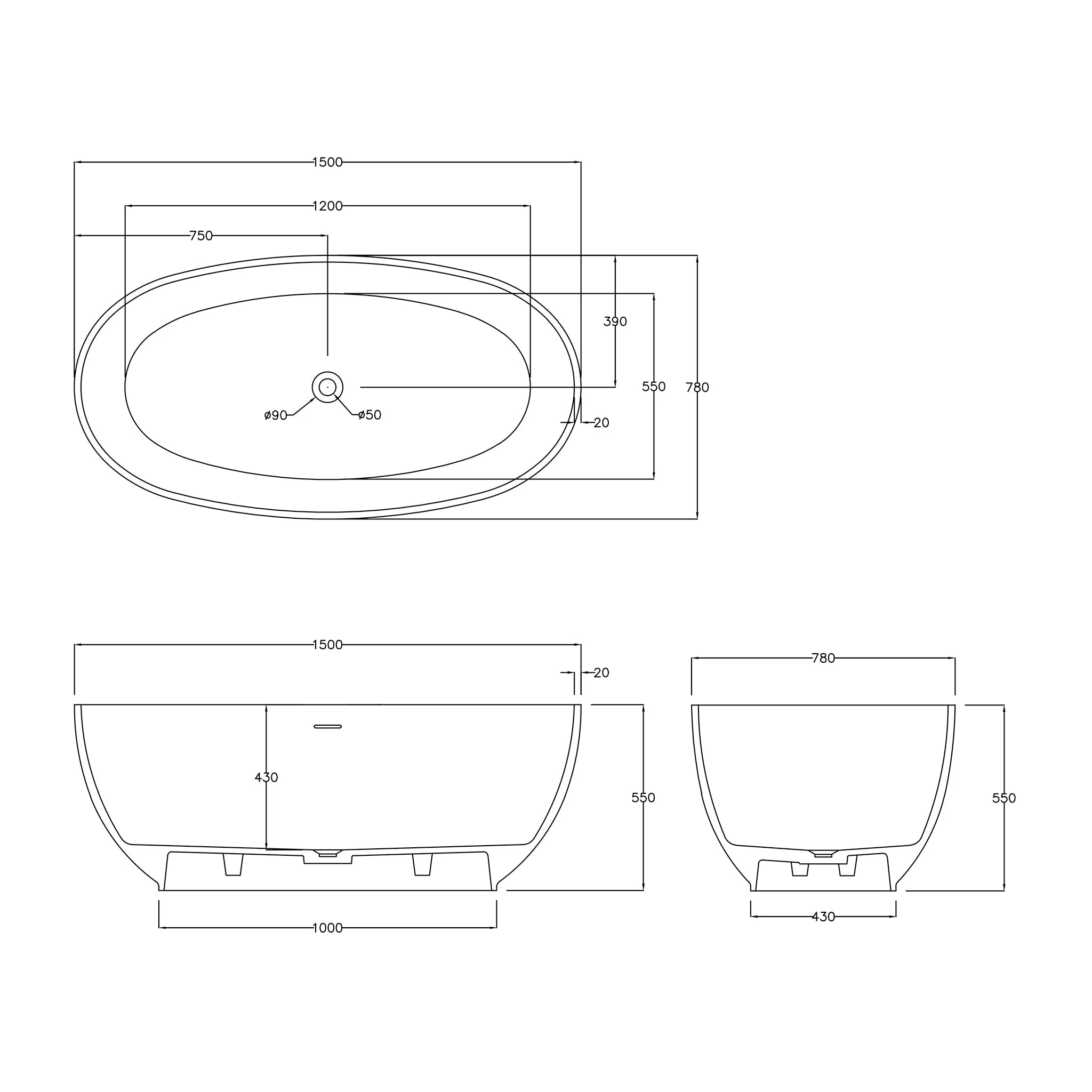 Delphi Egg 1500mm Artificial Stone Freestanding Bath, Matte White - Image 4