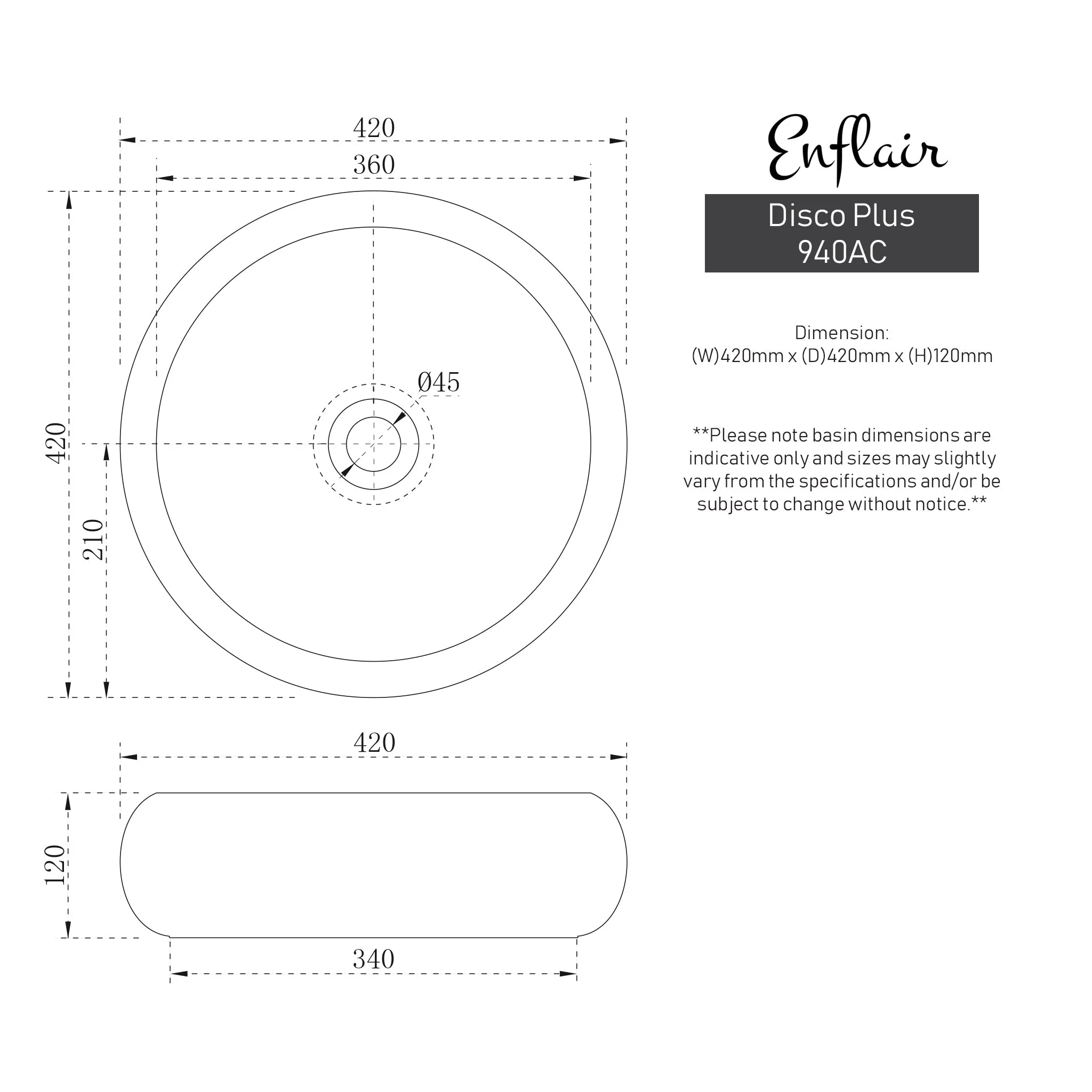 Disco Plus 415mm Above-Counter Basin, Fired Matte Calacatta - Image 4