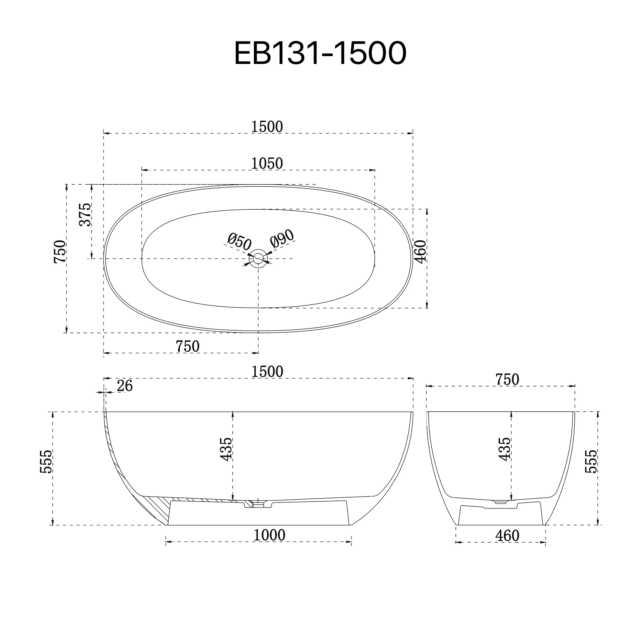 Egg Oval 1500mm Freestanding Bath, Gloss White - Image 7
