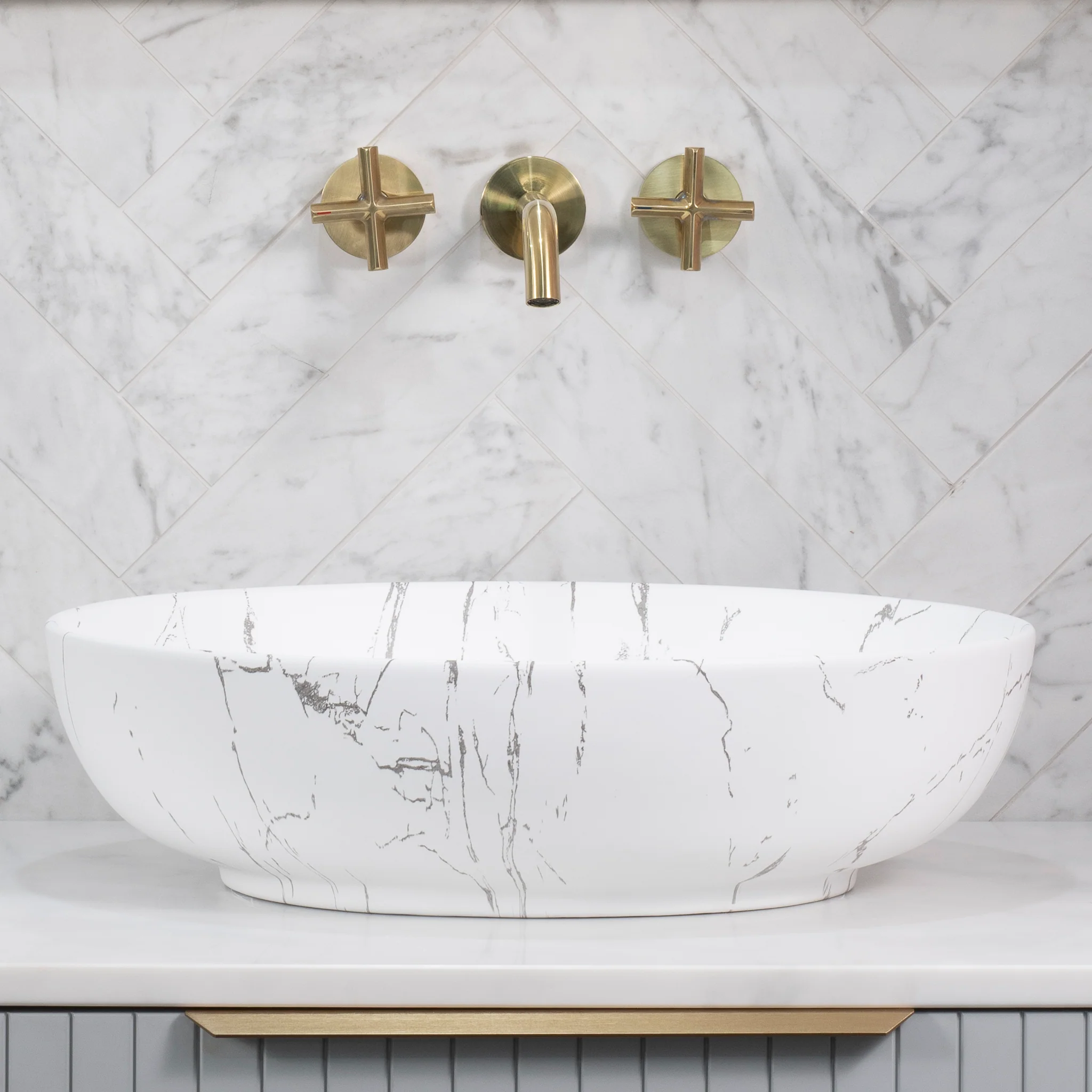 Ellipse 520mm x 395mm Above-Counter Basin, Matte Calacatta - Image 2