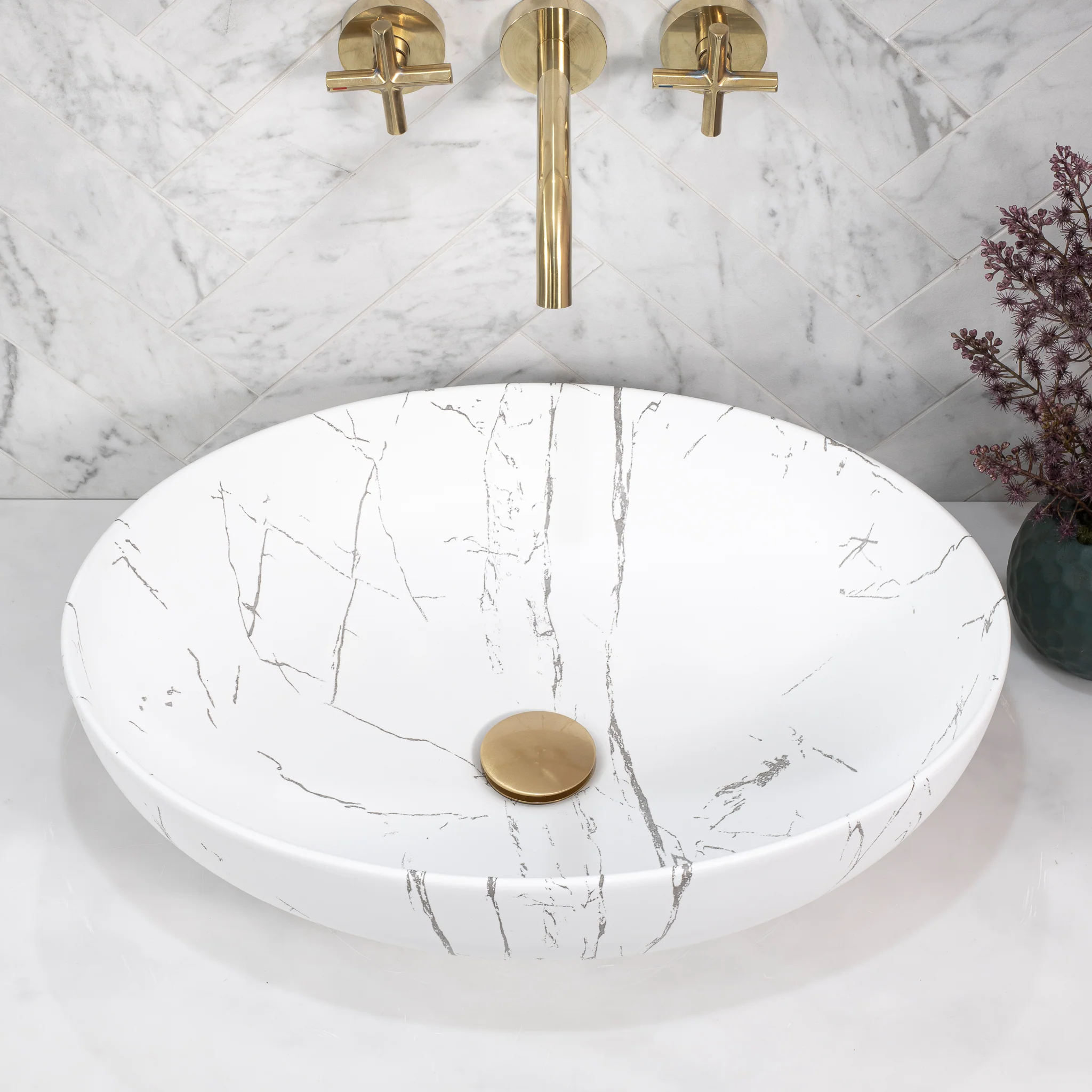 Ellipse 520mm x 395mm Above-Counter Basin, Matte Calacatta - Image 3