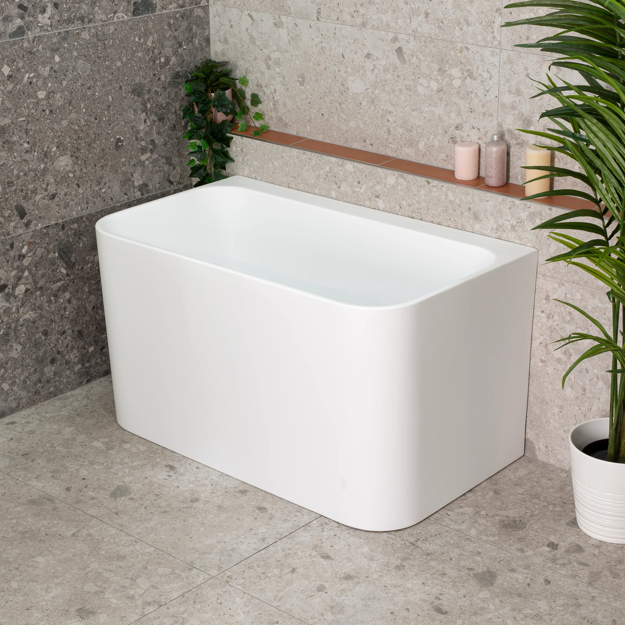 Estus 1200mm Back to Wall Japanese Soaking Bathtub with Seat, Matte White - Image 3