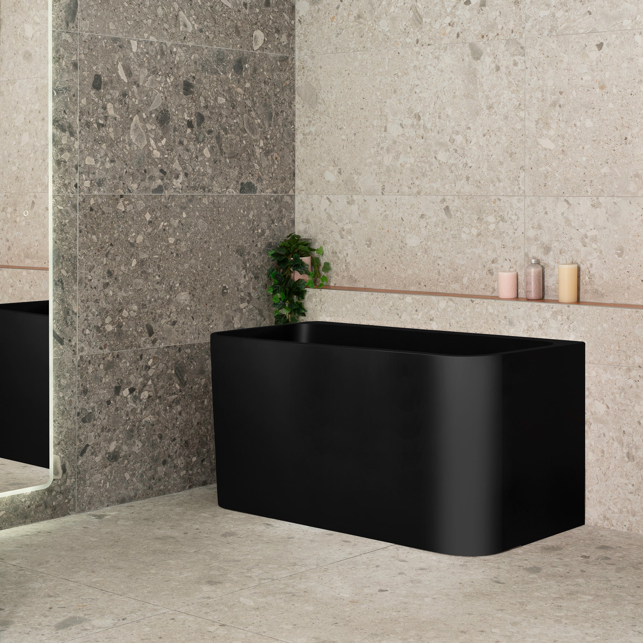 Estus 1300mm Back to Wall Japanese Soaking Bathtub with Seat, Matte Black - Image 2