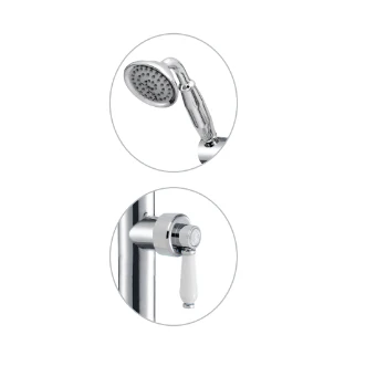 Fienza Eleanor Floorstanding Bath Mixer with Shower Hand Pcs I Chrome I Ceramic White Flick Mixer Handle - Image 3