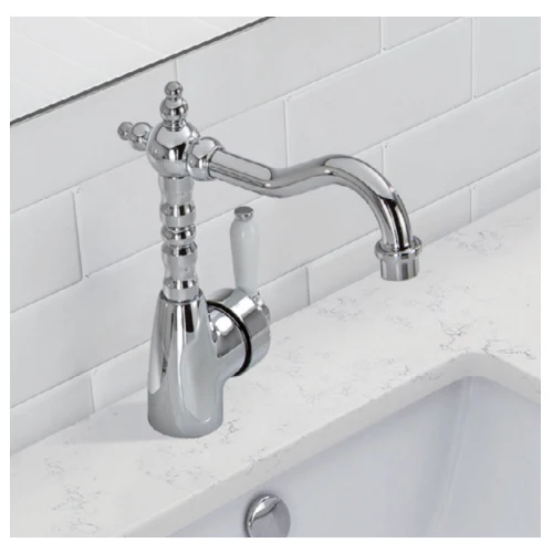 Fienza Eleanor Shepherds Crook Basin Mixer I Chrome I Ceramic White Flick Mixer Handle - Image 3