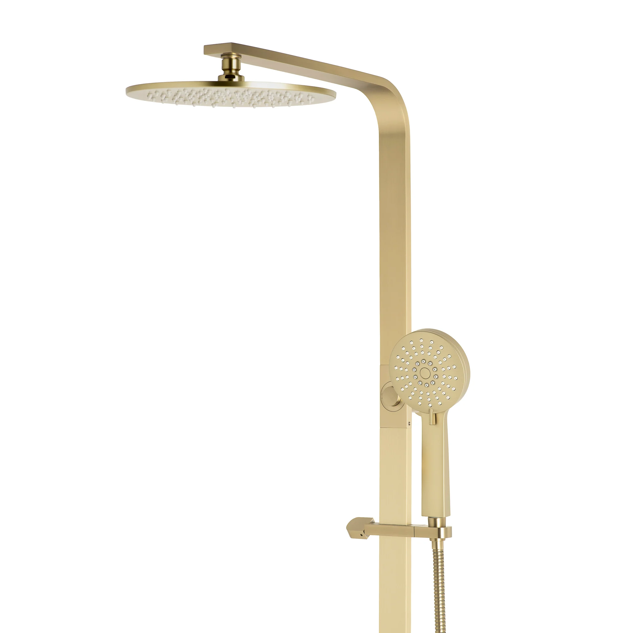 Jena Round Twin Shower System with Adjustable Rail, Push Button Diverter and 250mm Head, Brushed Brass (Gold) - Image 2
